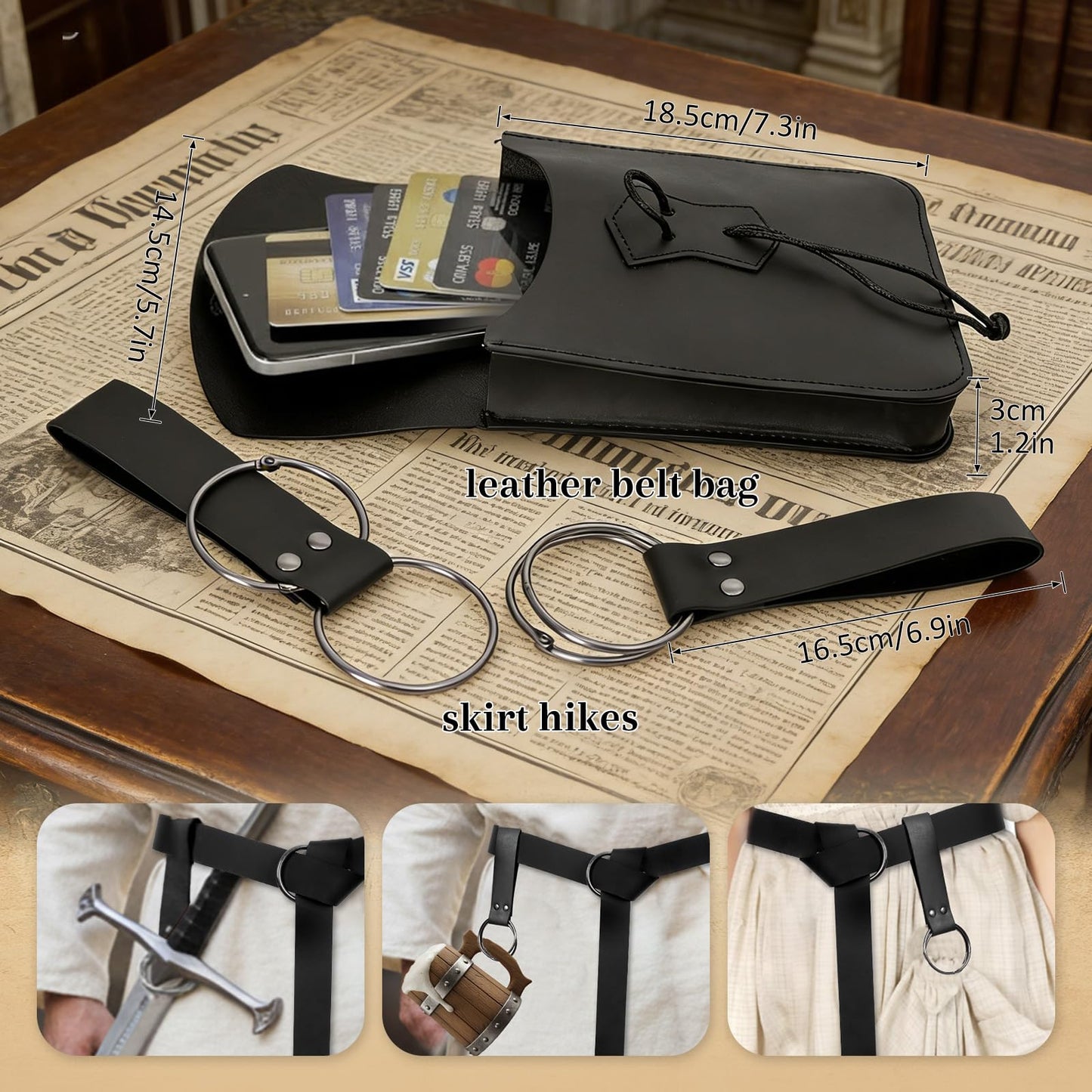 Renaissance Belt Pouch Medieval Pirate Costume Accessories - Viking Faux Leather Waist Bag with Skirt Hikes for Cosplay LARP (Black)