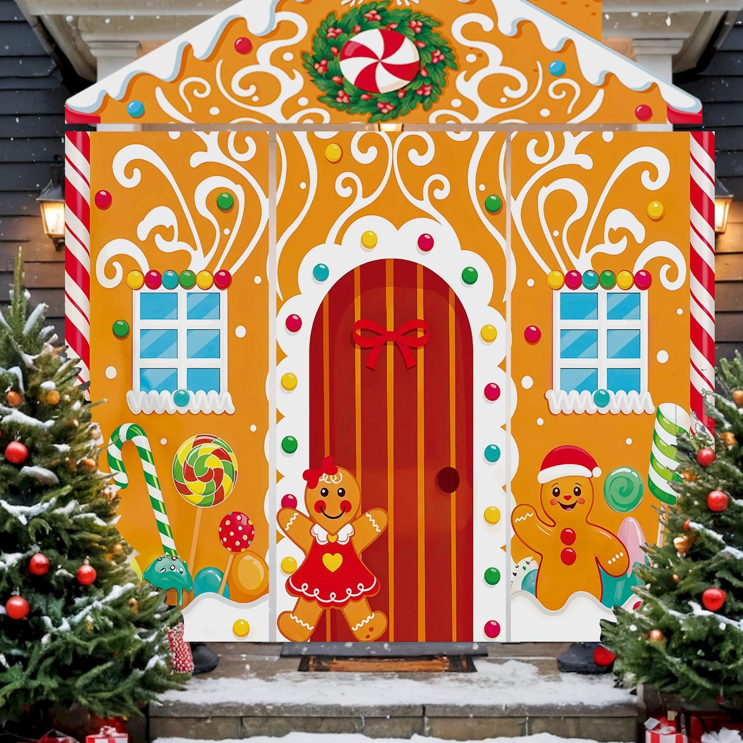 4Pcs Christmas Gingerbread Door Cover Decorations,Gingerbread House Candy Porch Banner Sign for Xmas Holiday Classroom Office Home Party Decor