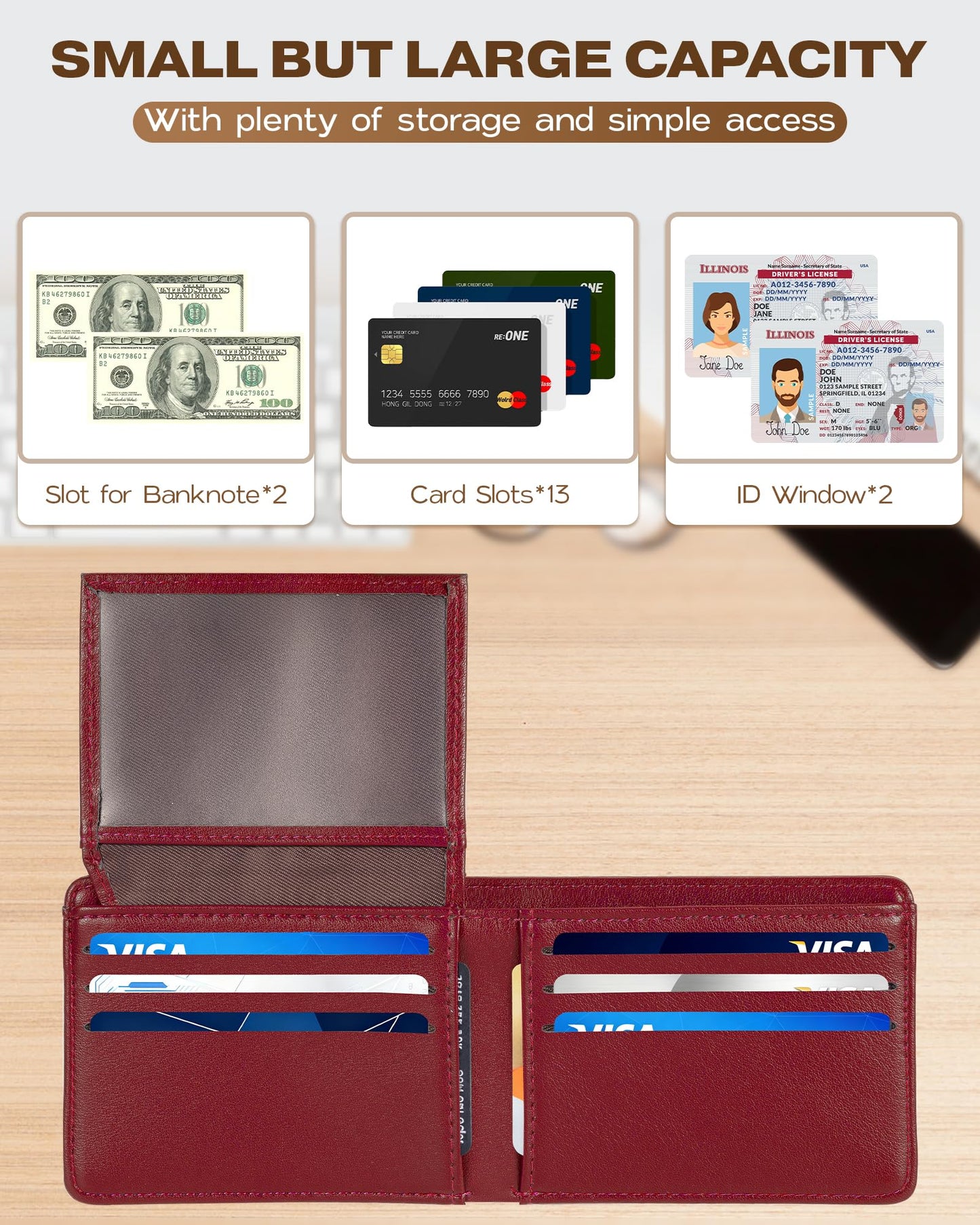 GNDR Wallet For Men Bifold Red RFID Blocking Slim Faux Leather Wallets Card Holder Front Pocket Minimalist Men Accessories With Gift Box