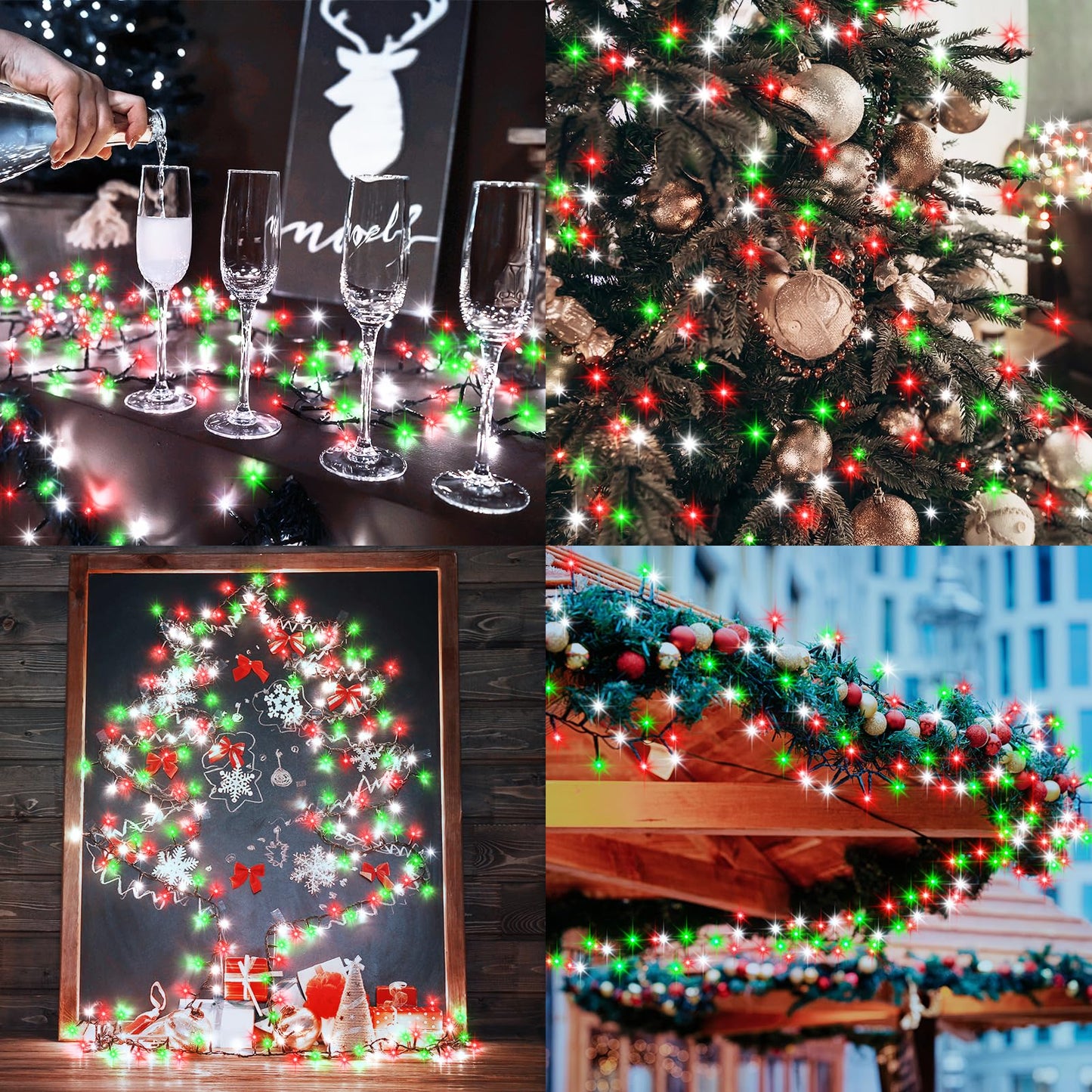BSGlobal 2 Pack Christmas Lights Red White Green, Total 20Ft 400 LED String Lights with Timer 8 Modes Cluster Firecracker Light for Tree Room Garden Outdoor Decor