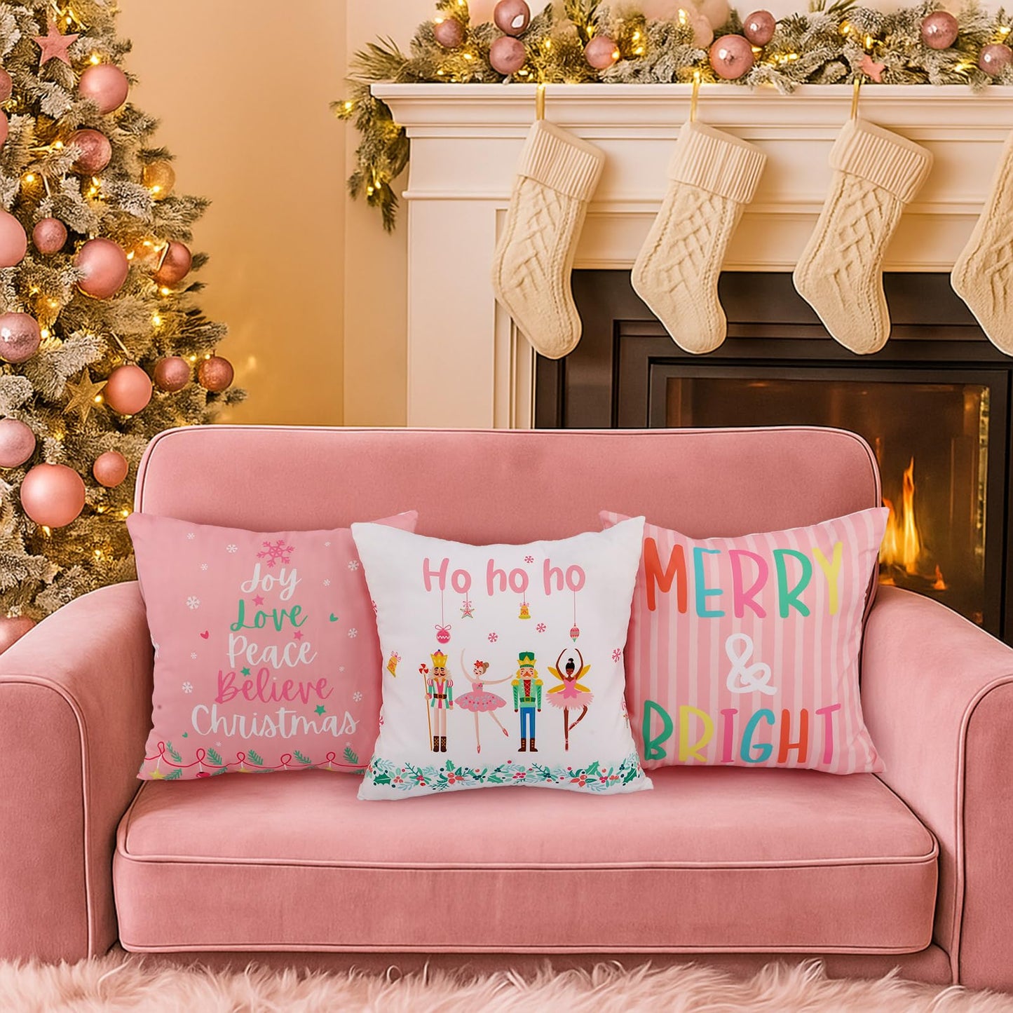 HunnmingRe 6 Pcs Pastel Christmas Throw Pillow Covers 18 x 18 Inch Pink Nutcracker Xmas Trees Truck Pillow Case Soft Candyland Cushion Case Pastel Pink Christmas Decor for Home Couch Sofa Bed Chair
