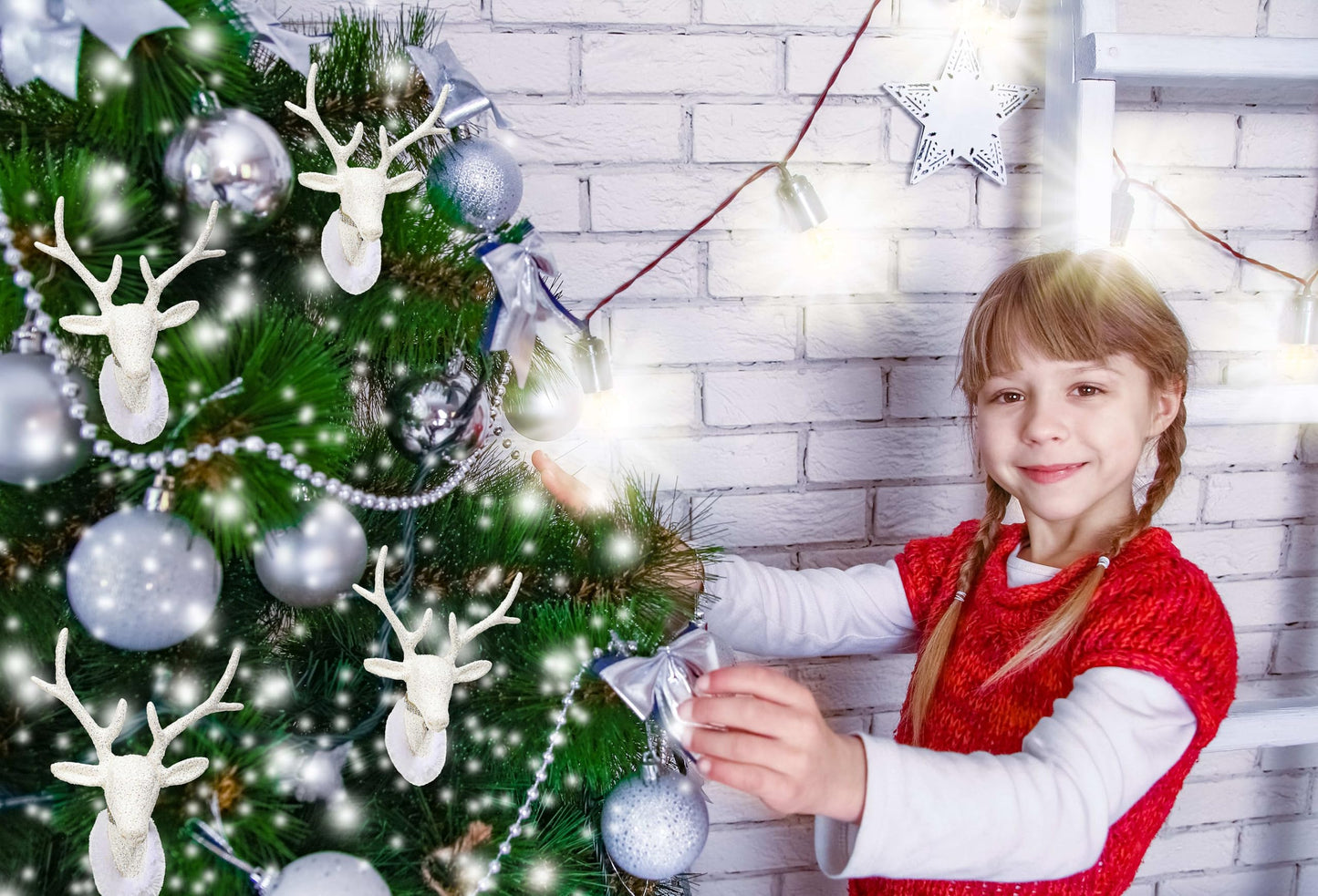 Christmas Traditions 6 inch Glittered Iridescent White Reindeer Head (Set of 5) Ornaments Hanging Tree Decorations (Platinum White) (Large)