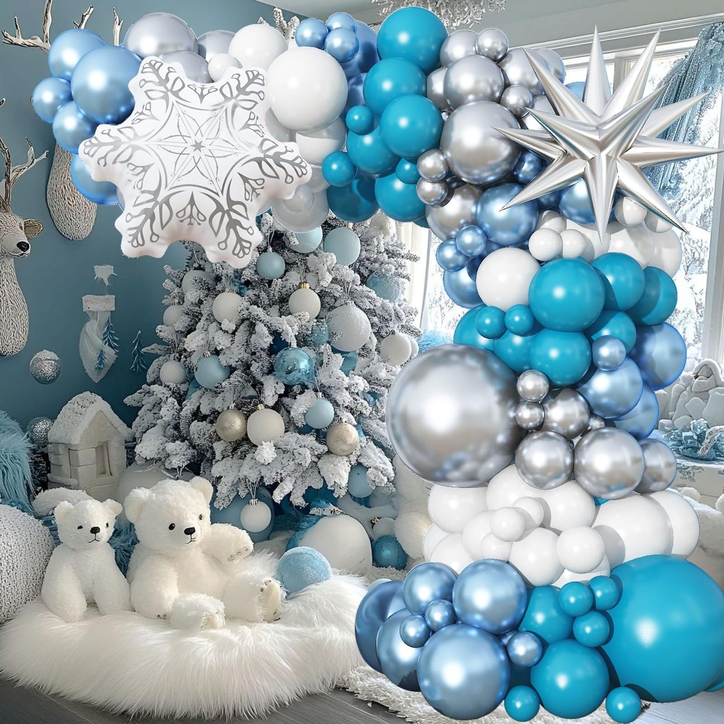 Blue White Snowflake Balloons Arch Metallic Blue Silver Balloon Garland Winter Onederland Princess Birthday Party Decorations Peacock Teal Latex Helium Balloons Explosion Star New Year Christmas