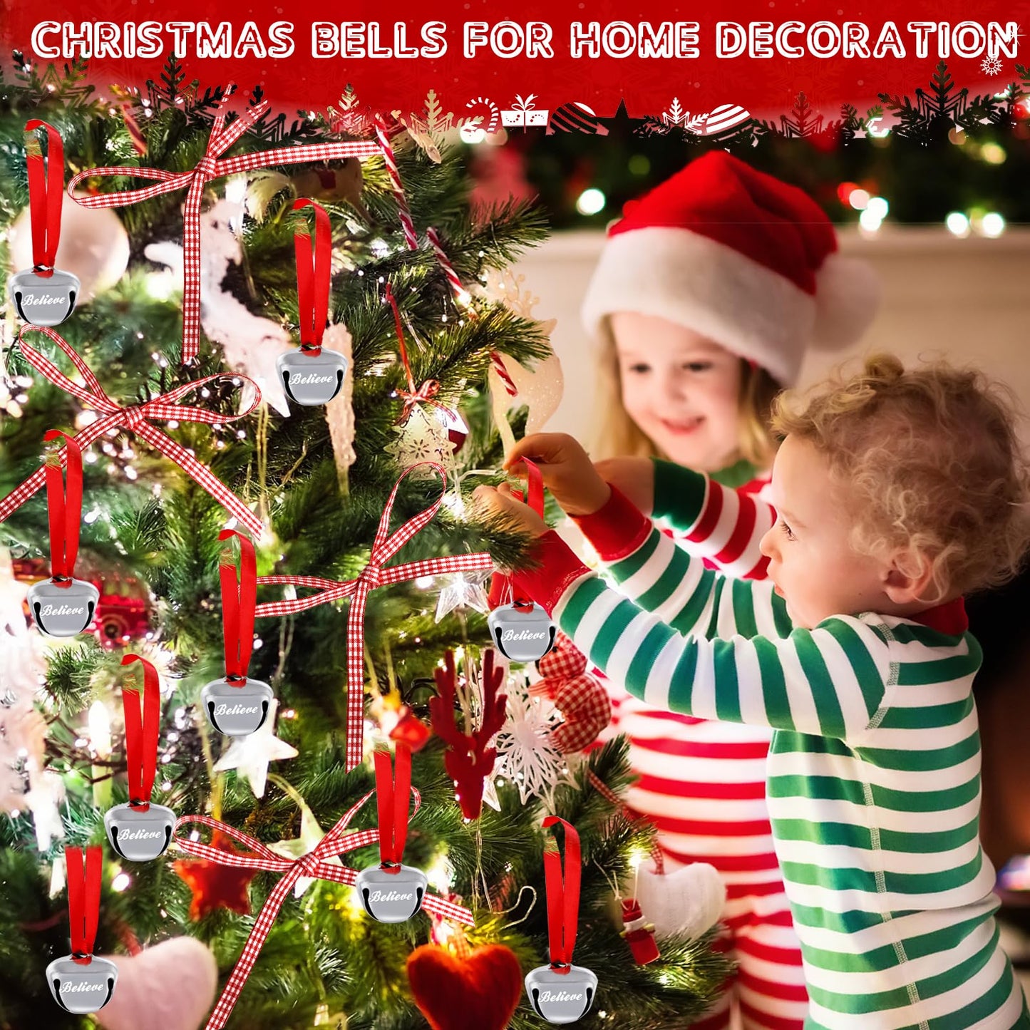 Christmas Believe Bell Ornaments, Polar Express Bell, Silver Sleigh Bell, Christmas Tree Bell Decoration Holiday Treat Gifts for Kids & Adults