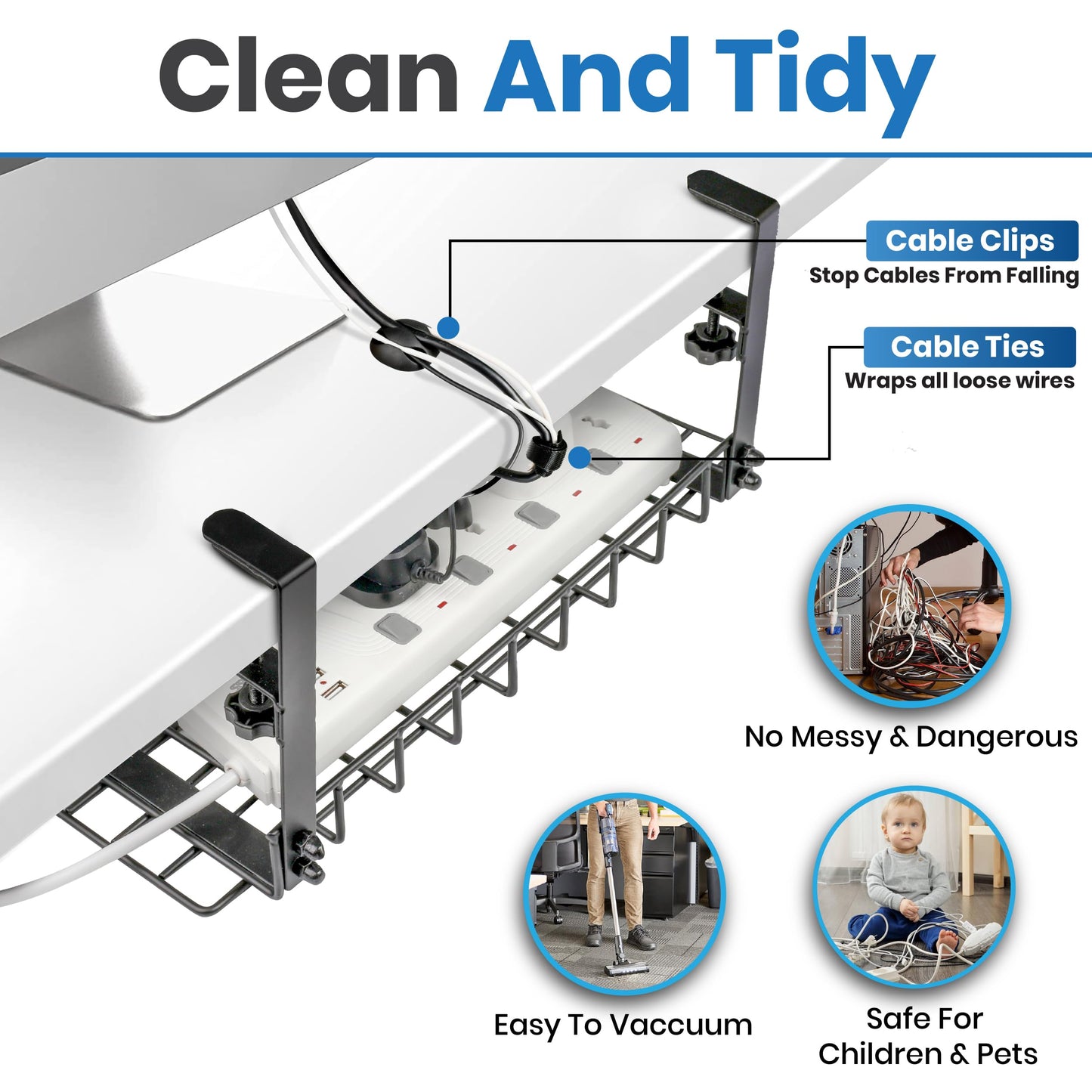 Under Desk Cable Management Tray, 16” No Drill Cord Organizer with Clamps for Wire Management, 4mm Sturdy Wire Desk Cable Organizer Tray, Cable Management Rack for Office