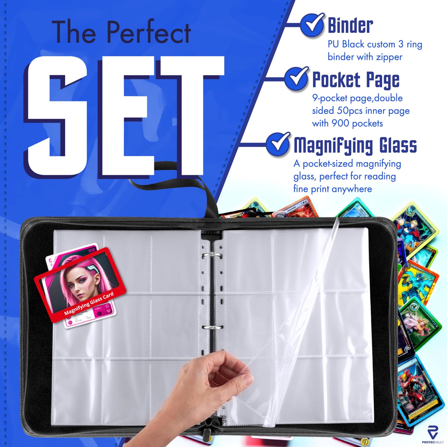 Pokemon Card Binder 900 Pocket with Magnifying Glass - Trading Card Storage Album Zipper 3 Ring for MTG Sports Cards TCG - Premium Red Holder Organizer