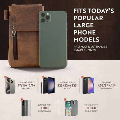 Moonster Leather Phone Holster – Genuine Full-Grain Leather for iPhone 17/16/15/14 Pro Max & Plus, Galaxy S25/S24 Ultra – Slim Belt Clip Phone Pouch with Magnetic Closure, Fits Thick Cases – 7” x 3.5”