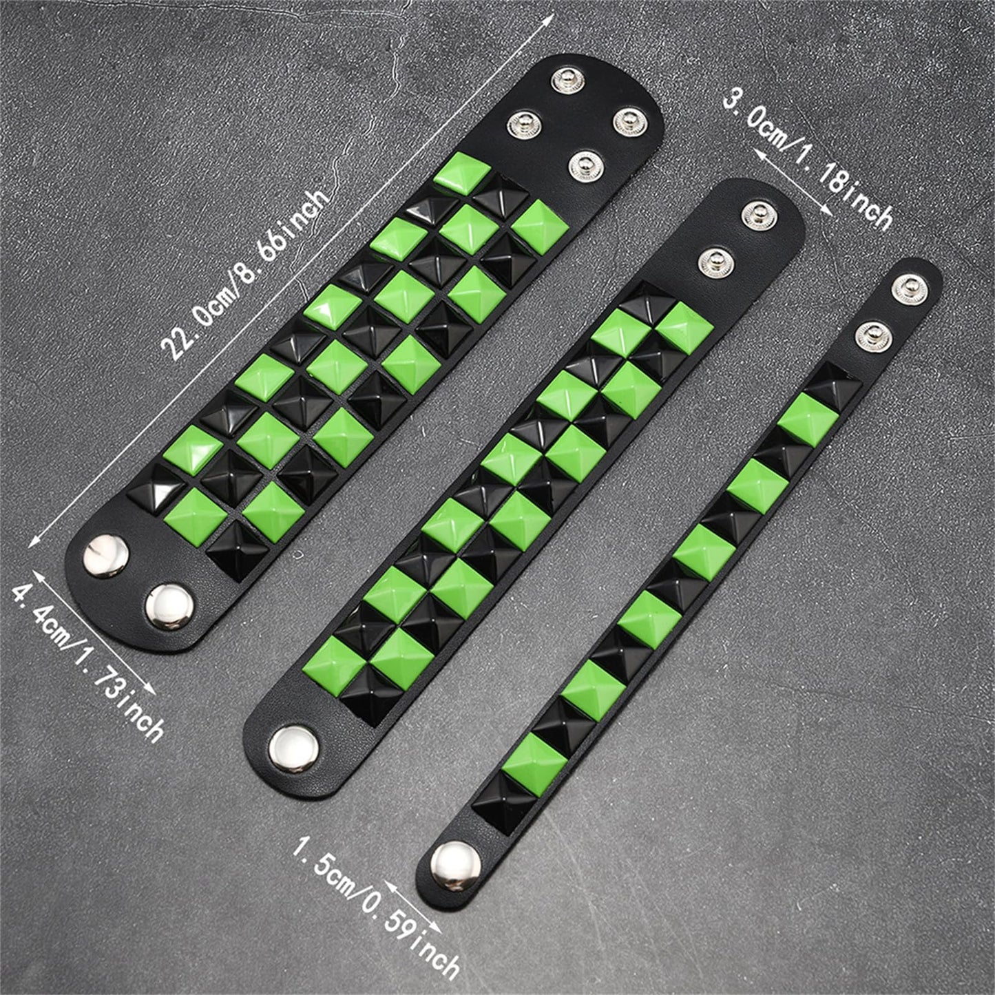 Dreuyet 3 Piece Checkered Leather Bracelet Set Black White PU Wristband Adjustable Gothic Punk Style Halloween Accessories for Men Women (Black Green)