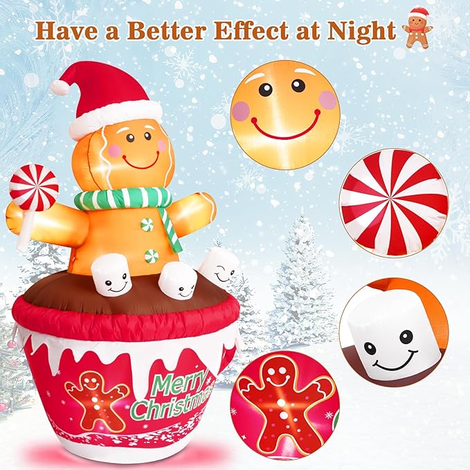 FRAMICS 7 FT Christmas Inflatable Gingerbread Outdoor Decorations, Gingerbread Man in Hot Cocoa Mug Inflatable, Cute Blow Up Yard Inflatable for Party Garden Lawn Yard Gifts Outdoor Indoor