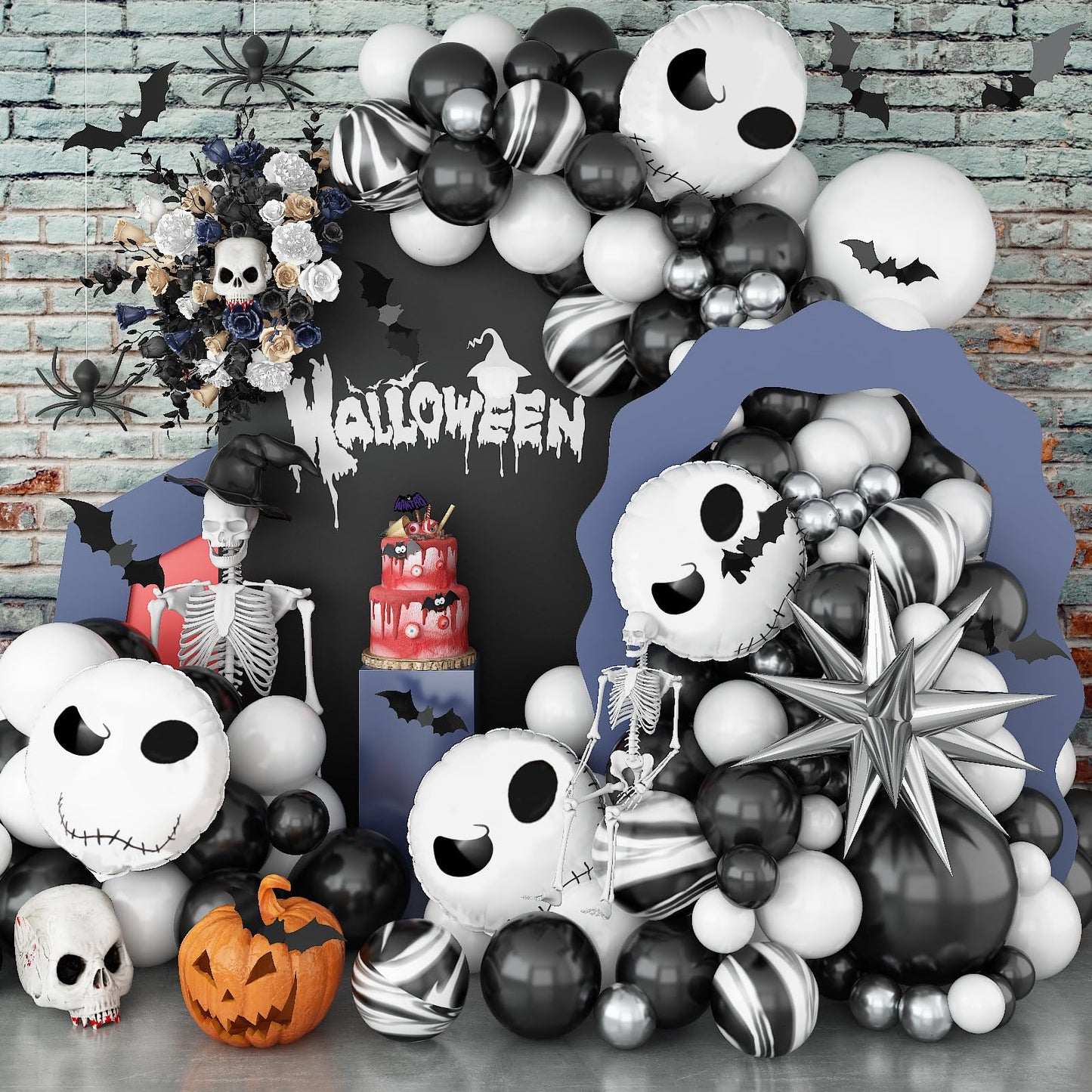Halloween Balloon Arch Kit, Black White Skeleton Balloons Halloween Decorations Balloon Garland with Explosion Star Skull Foil Balloons for Haunted House Party Decorations