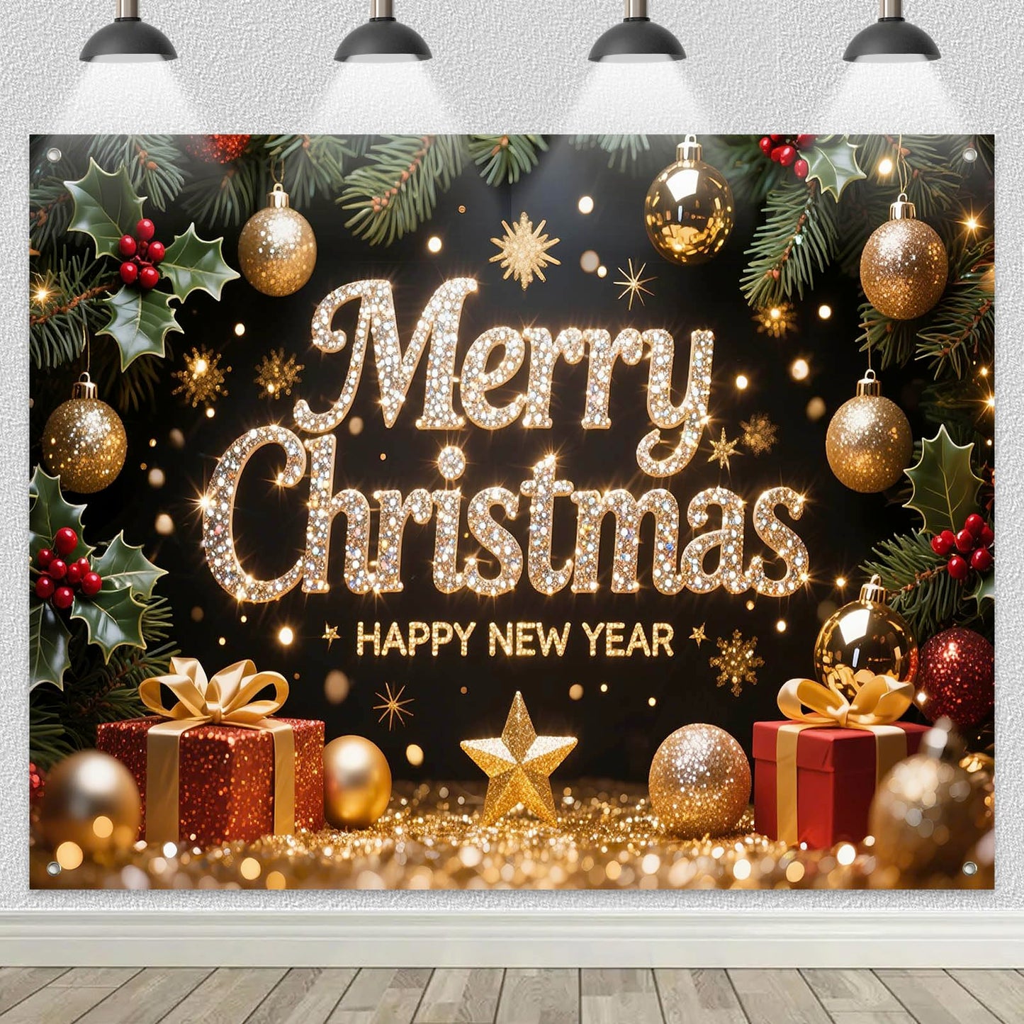 HOMETITUTE Merry Christmas and Happy New Year Backdrop 8×6ft Black Gold Holiday Photo Background with Gifts Ornaments Lights Party Banner Decoration