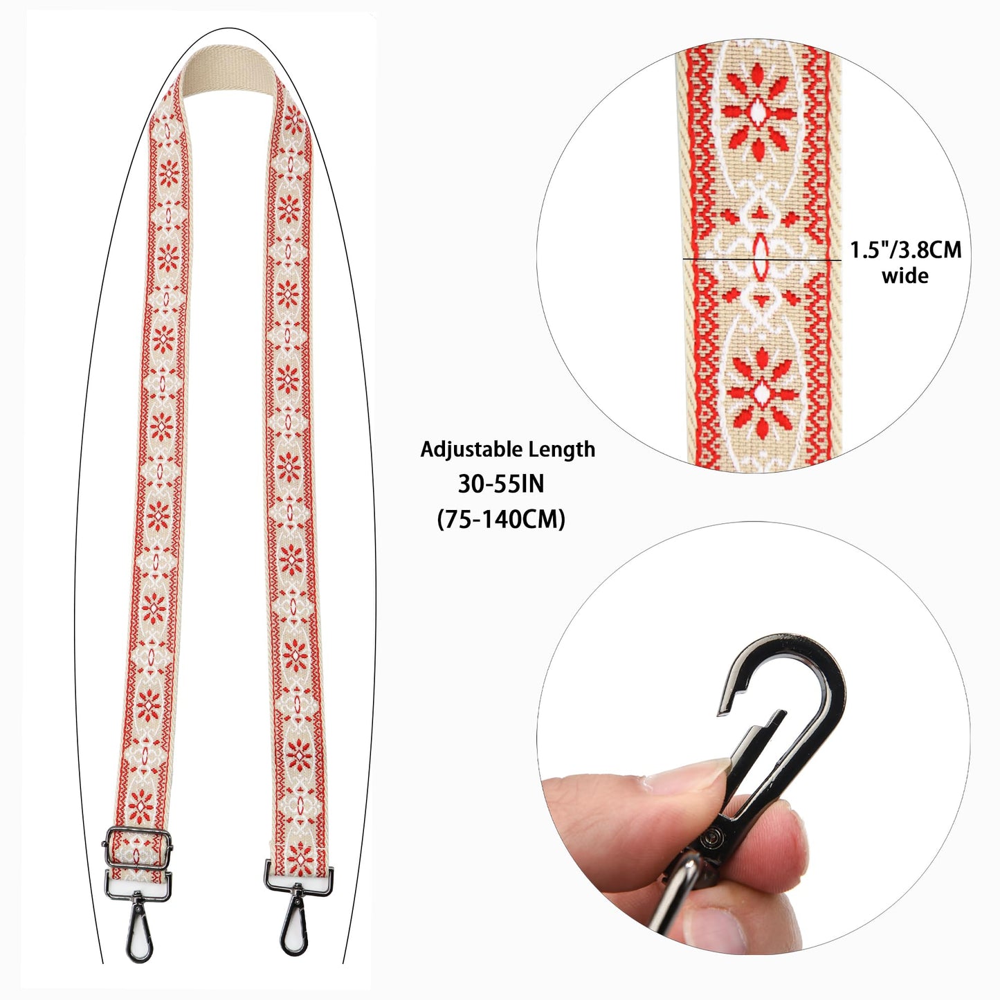 LEMEDE Purse Strap Adjustable Replacement Crossbody Bag Strap Retro Jacquard Embroidery Shoulder Straps for Canvas Bag
