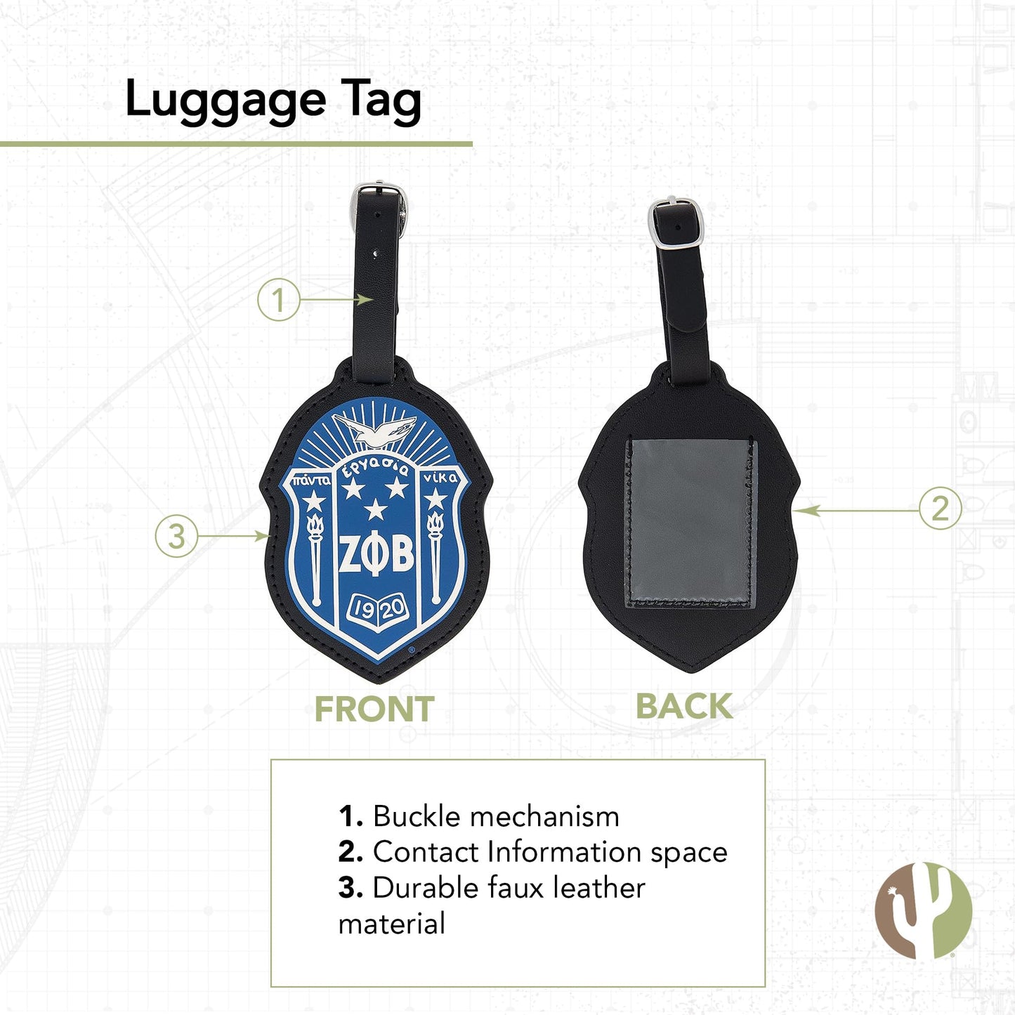 Desert Cactus Zeta Phi Beta Luggage Tag Fraternity (Faux Leather Crest Luggage Tag)