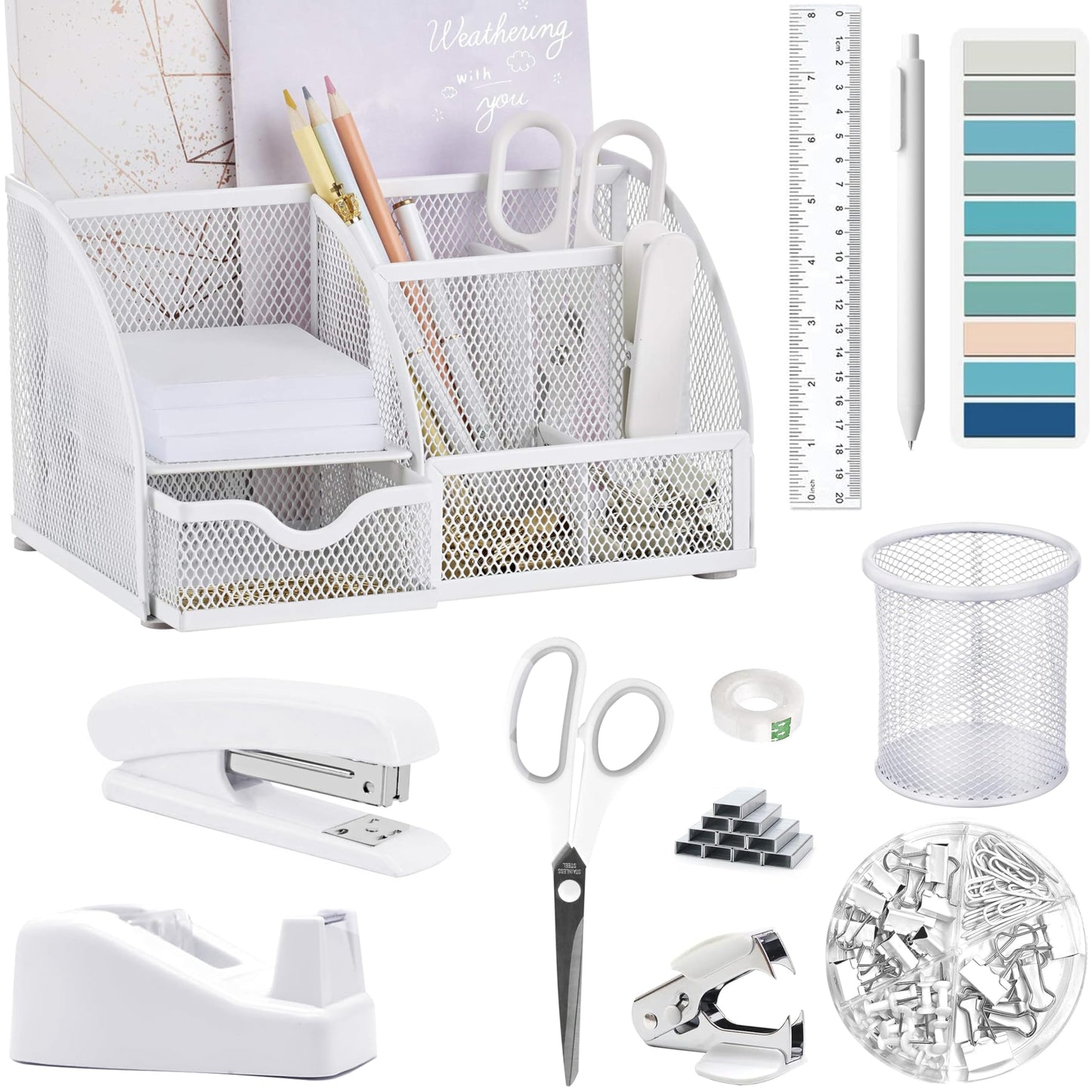 White Office Desk Accessories Supplies, 12pcs Desk Organizers and Accessories with Tape dispenser and Stapler,Staples,Staple Remover,Pen Holder,Scissor,Ruler,Sticky Tabs,Tape,Ballpoint Pen,Clips Set