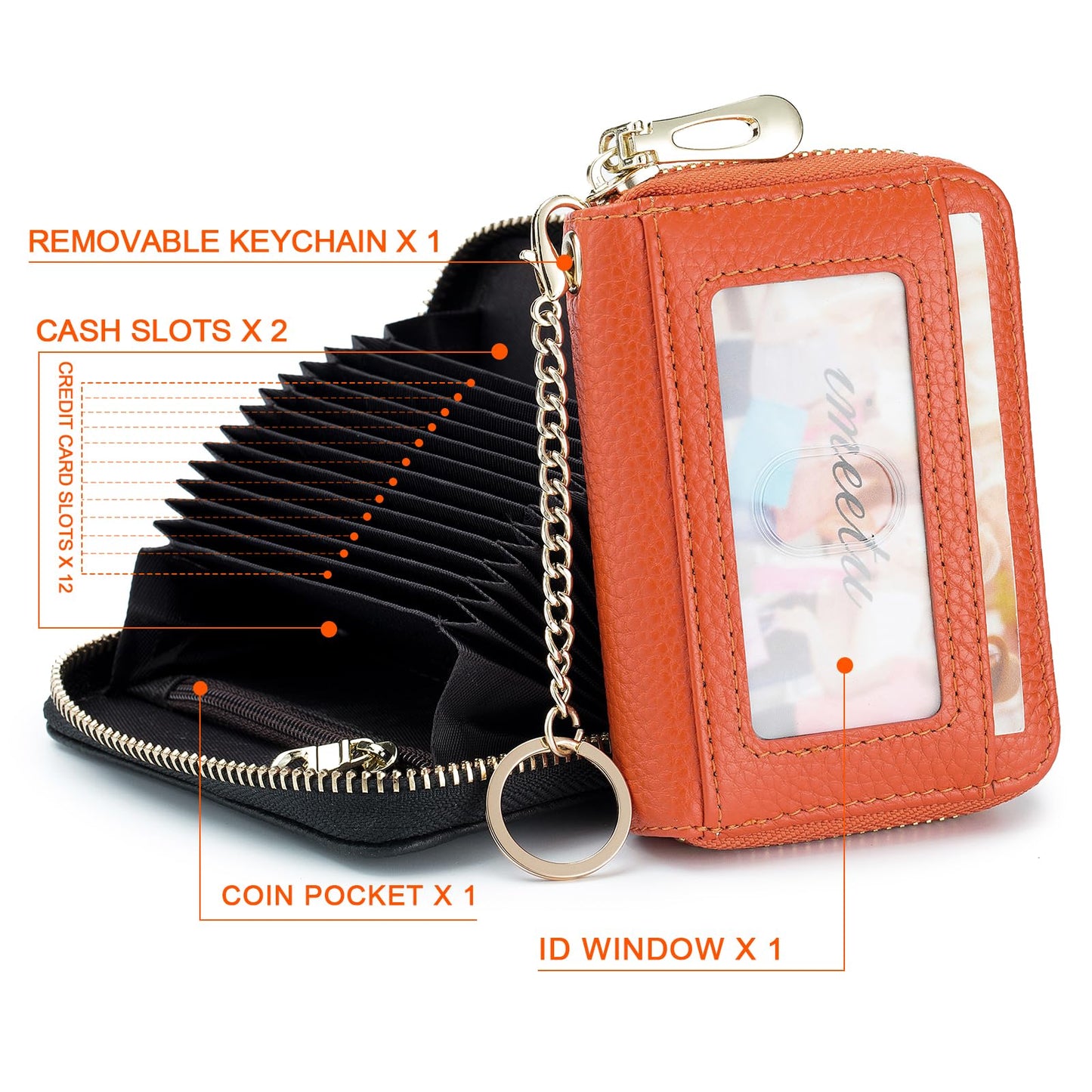 imeetu RFID Credit Card Holder, Small Leather Zipper Card Case Wallet with Keychain and ID Window for Women (Pro,Orange)