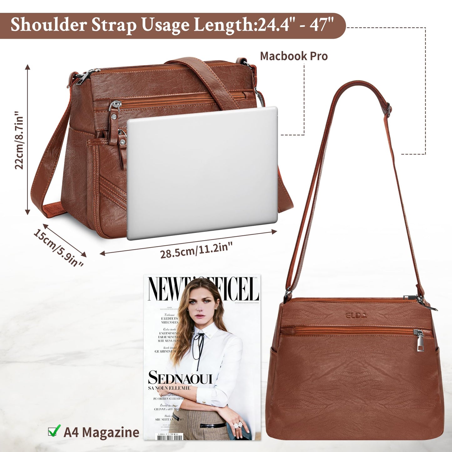ELDA Crossbody Bags For Women Pocketbooks Soft PU Leather Purses and Handbags Multi Pocket Shoulder Bag (Amber Brown)