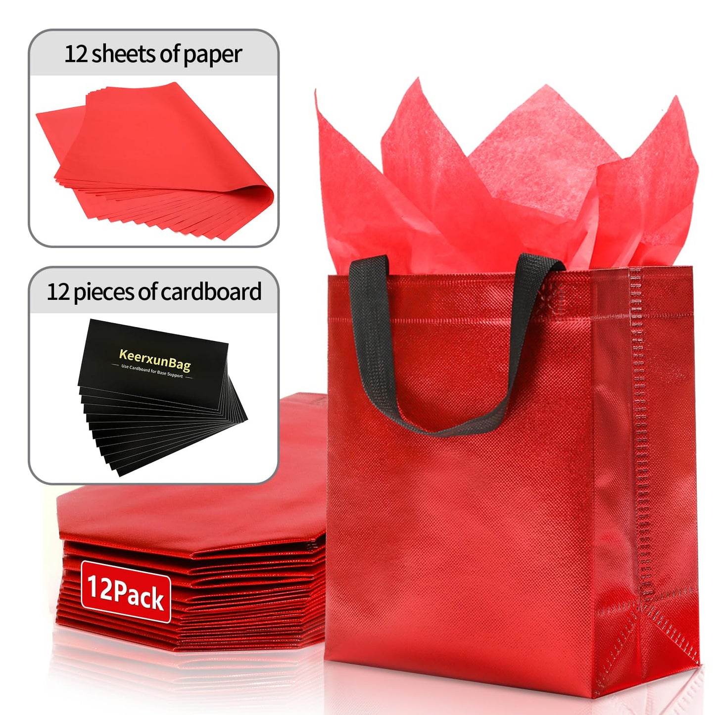 KeerxunBag 12pcs Reusable Gift Bags（Includes Tissue Paper） Gift bag with handle Birthdays Parties Holidays Weddings Medium 10x4x8in red Gift Bags
