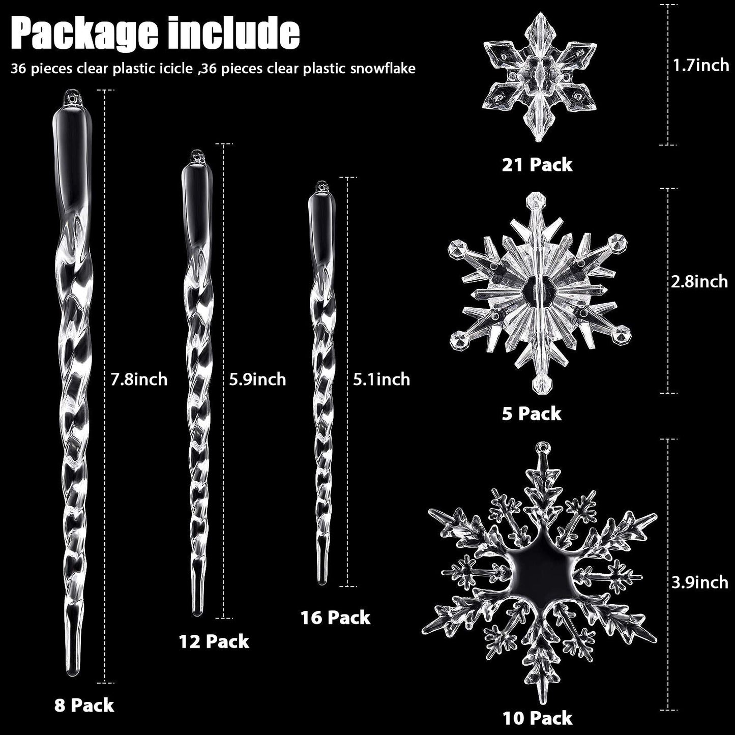 Chuangdi 72 Pcs Snowflake Icicle Ornaments for Christmas Tree Twisted Glitter Icicles Acrylic Hanging Drop Decoration for Winter Xmas Holiday Party New Year Outdoor Supplies(Clear)