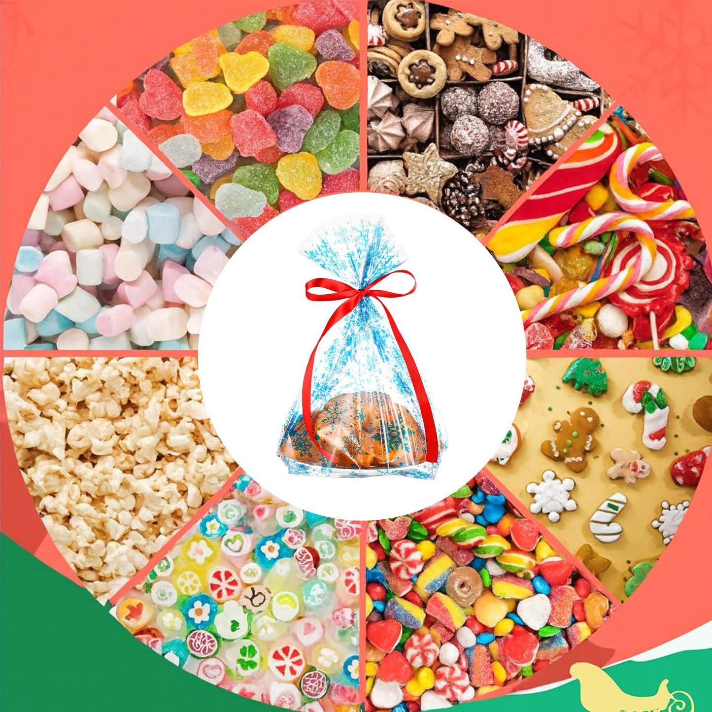 Meanplan 50 Pcs Winter Snowflakes Cellophane Cookie Tray Bags 15" x 17" Snowflake Cookie Tray Bags with Twist Ties and Red Ribbon Treats Gift Wrap for Winter Holiday Party Favors Supplies