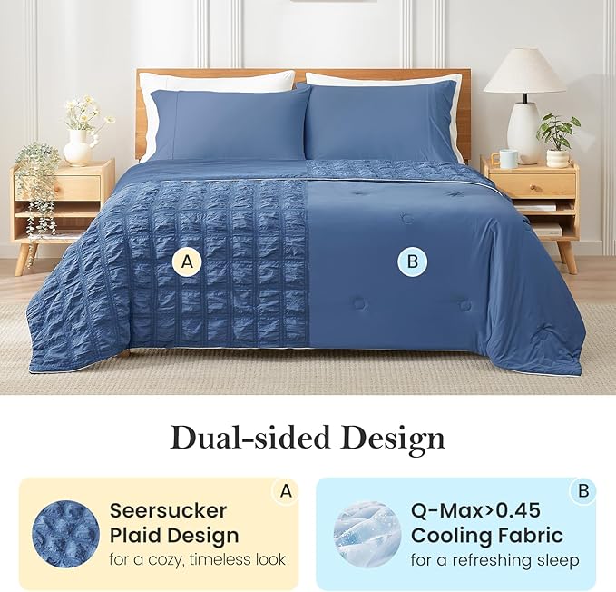 Cozy Bliss Cooling Comforter Seersucker Plaid King, Q-Max 0.4 Reversible Lightweight Cooling Blanket, Breathable Silk Smooth Summer Bedding Quilt for Hot Sleepers Night Sweats Denim Blue