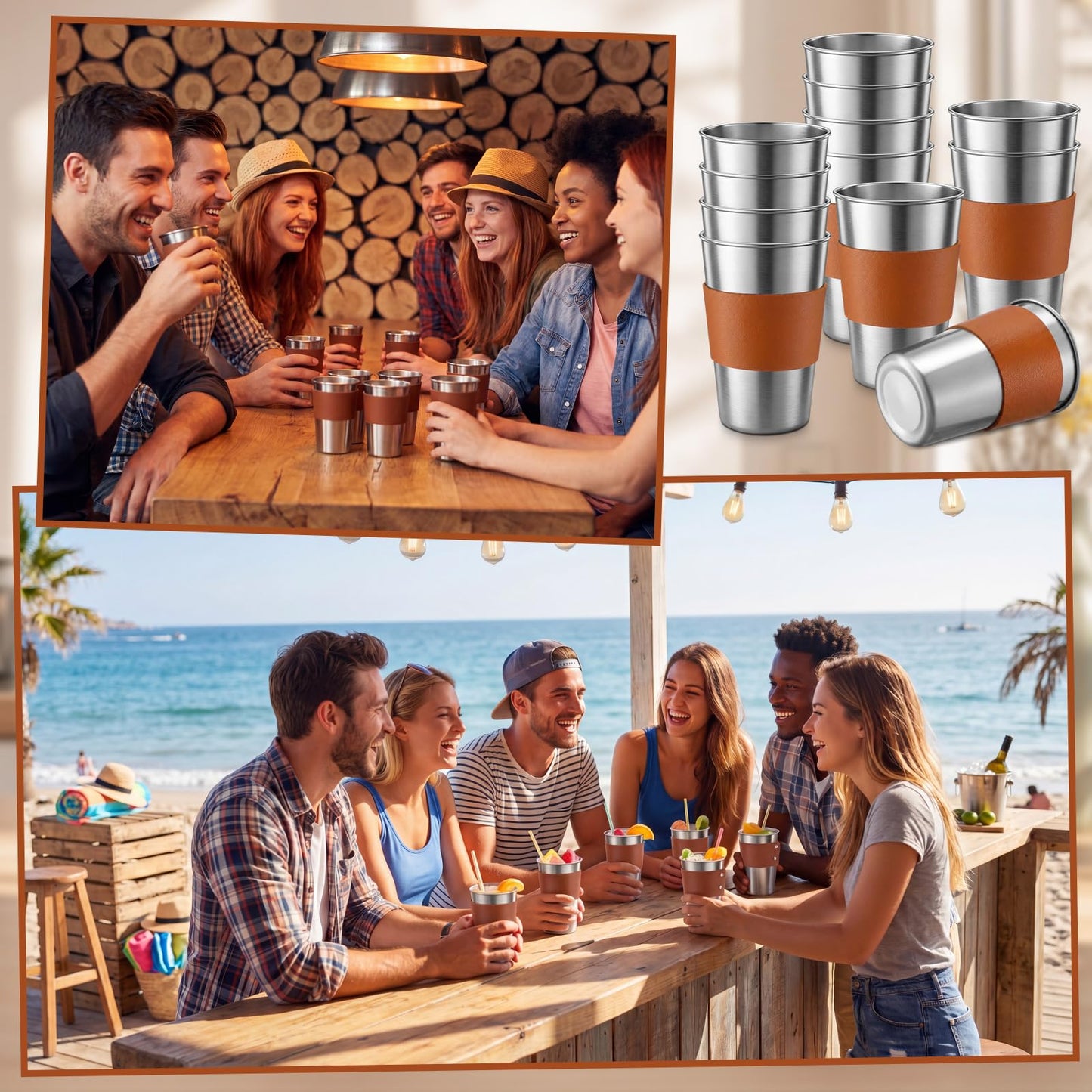 Mifoci 6 Pcs 16 oz Stainless Steel Pint Cups with PU Leather Sleeves Stainless Steel Cups Unbreakable Metal Cup Tumblers Stackable Drinking Glasses for Bar, Home, Restaurant, Travel, Camping