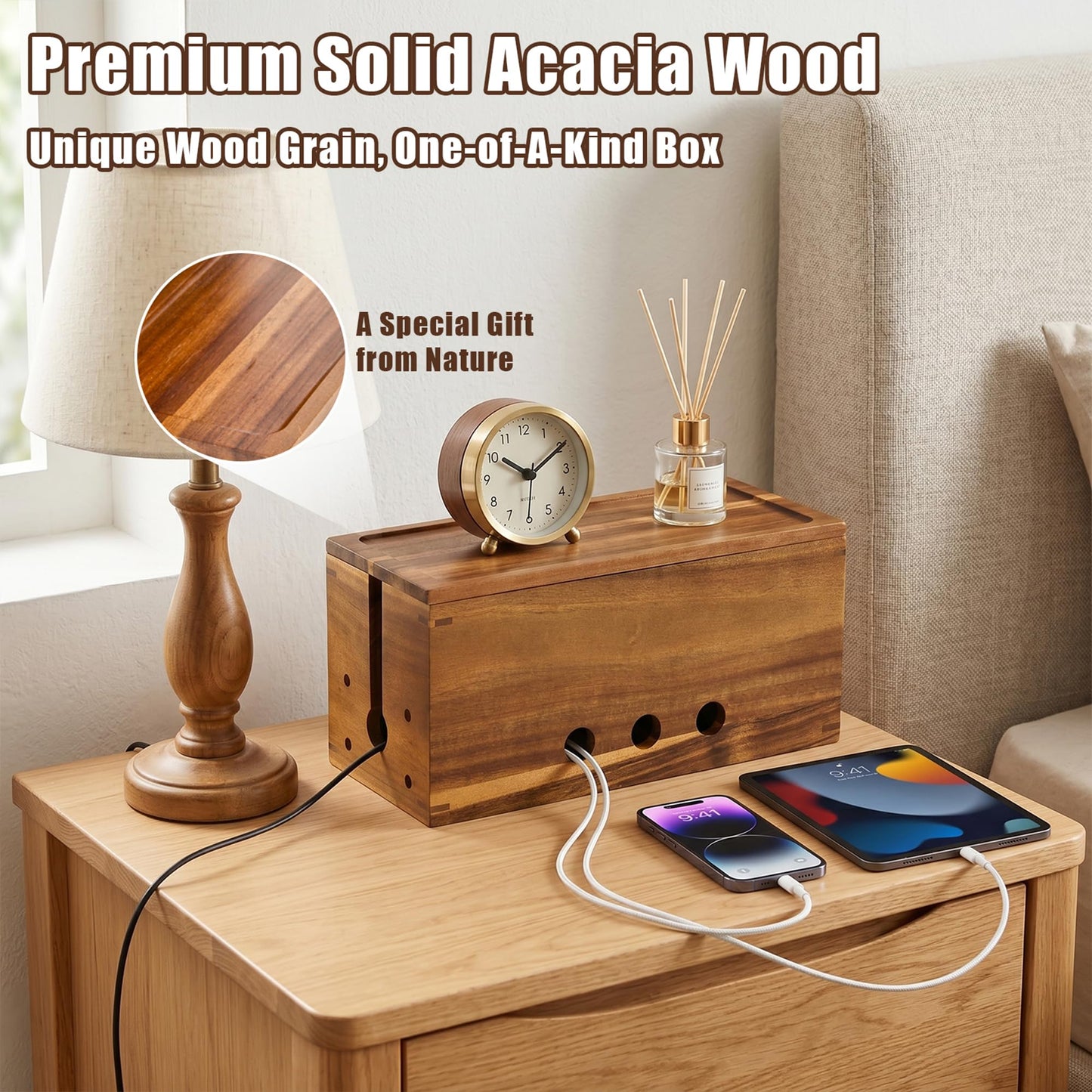 Extra Large Cable Management Box, Cord Organizer & Hider Box, Acacia Wood Cable Box for Chargers, Power Strip, USB, Floor & Desk Cables & Cords Storage, Children & Pet Safe