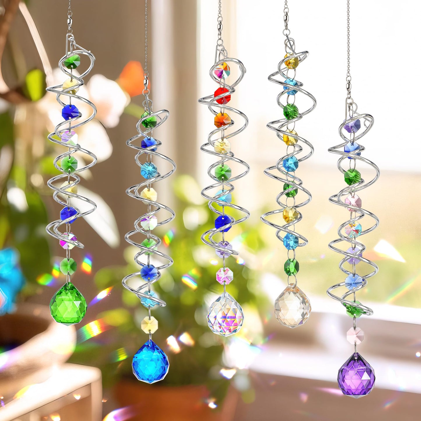 H&D HYALINE & DORA 5 Pack Sun Catchers Crystal Suncatchers for Windows Hanging Gazing Ball Spiral Tail Wind Spinners for Yard and Garden Indoor Home Decor