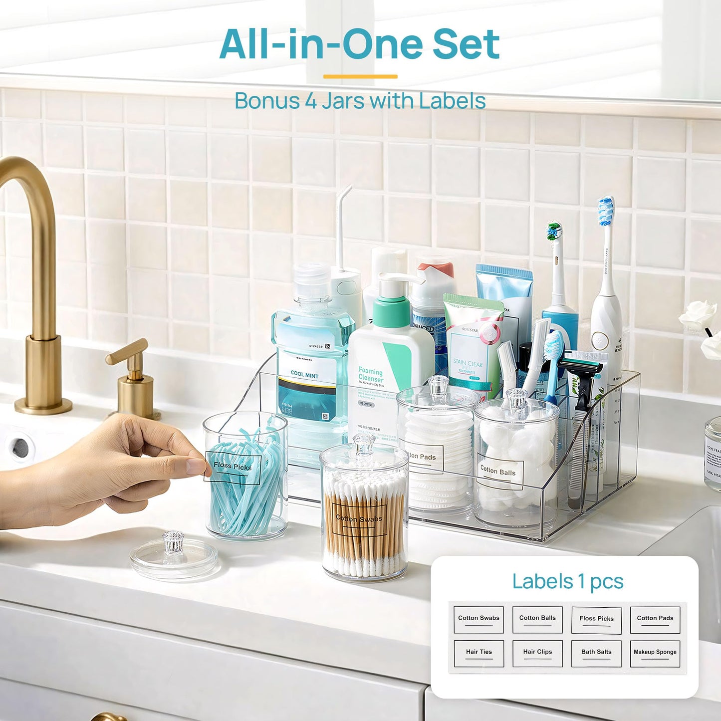 Vtopmart 5 PCS Bathroom Countertop Organizer, 1 Divided Tray with 4 Qtip Holder Jars, Restroom Clear Organizers for Toothbrush, Cotton Pads Balls, Floss, Bathroom Vanity Accessories Storage Set