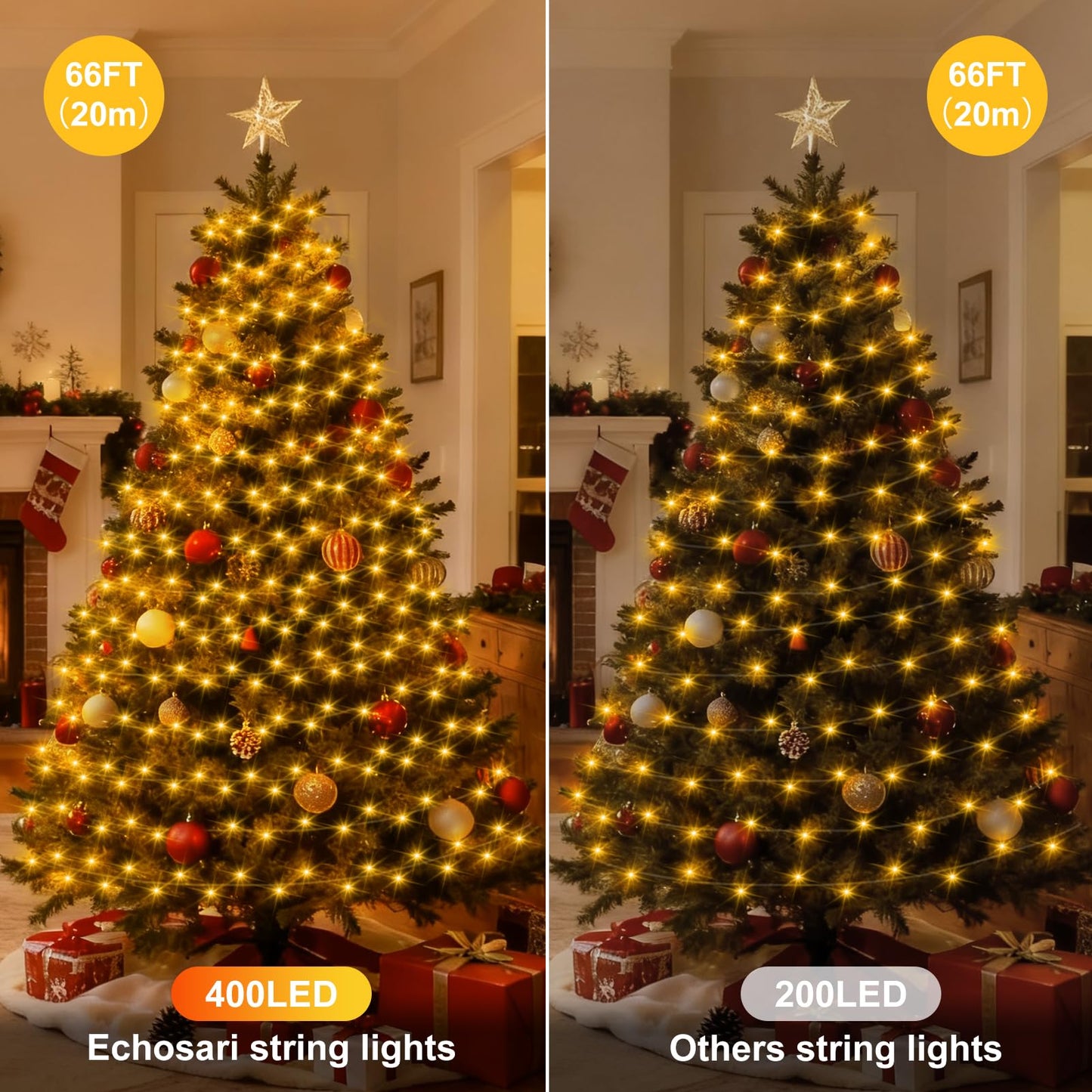 echosari Connectable 400 LED Christmas Lights, Extra Long 66Ft Outdoor String Lights Plug in with Remote Timer for Patio Garden Tree Decor (Warm White)