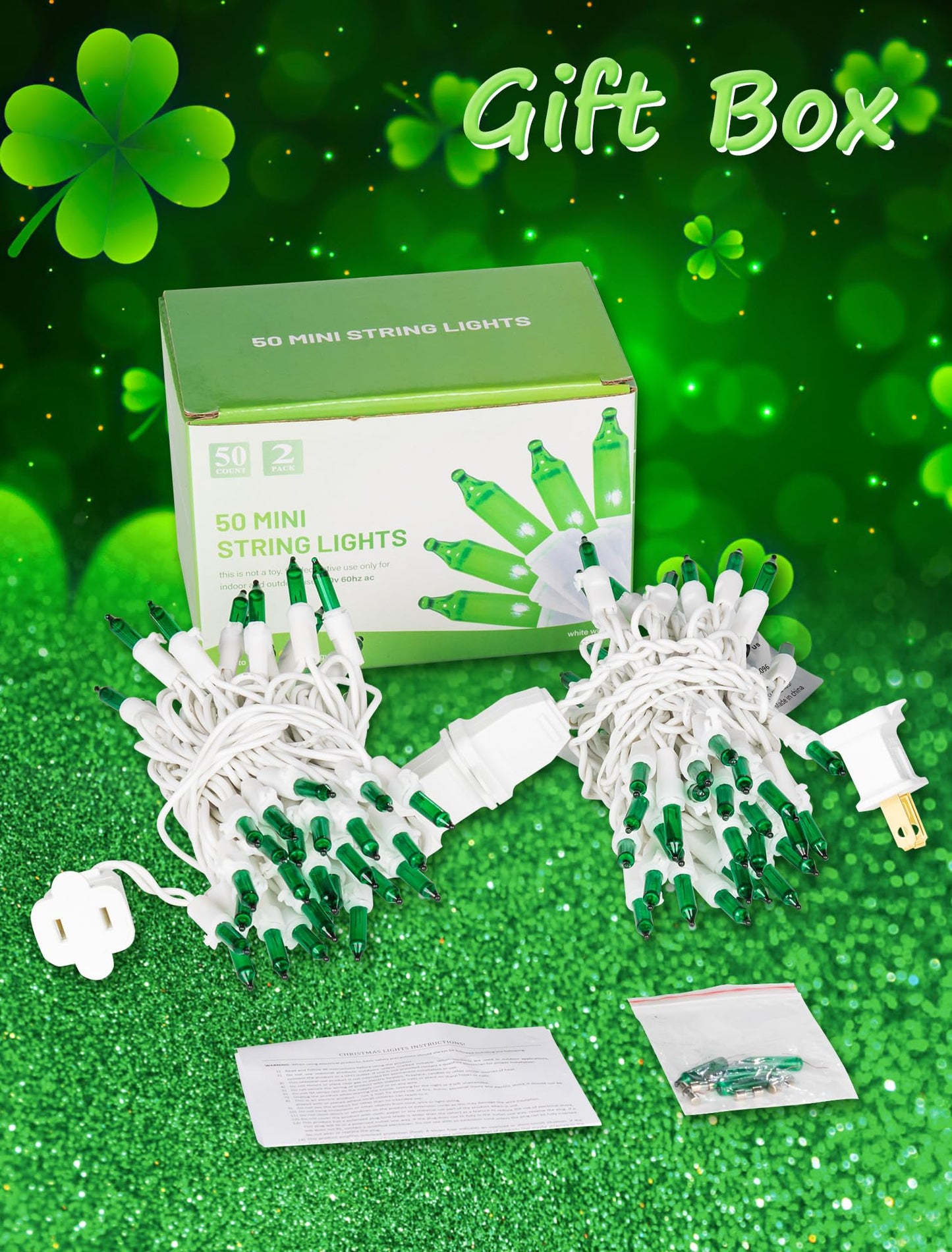 Hopolon St. Patrick's Day String Lights,2 Pack 13FT 50Count Green Mini Lights White Wire,Incandescent Christmas Tree Lights Connectable for Indoor Outdoor Holiday Patio Party Home Decorations