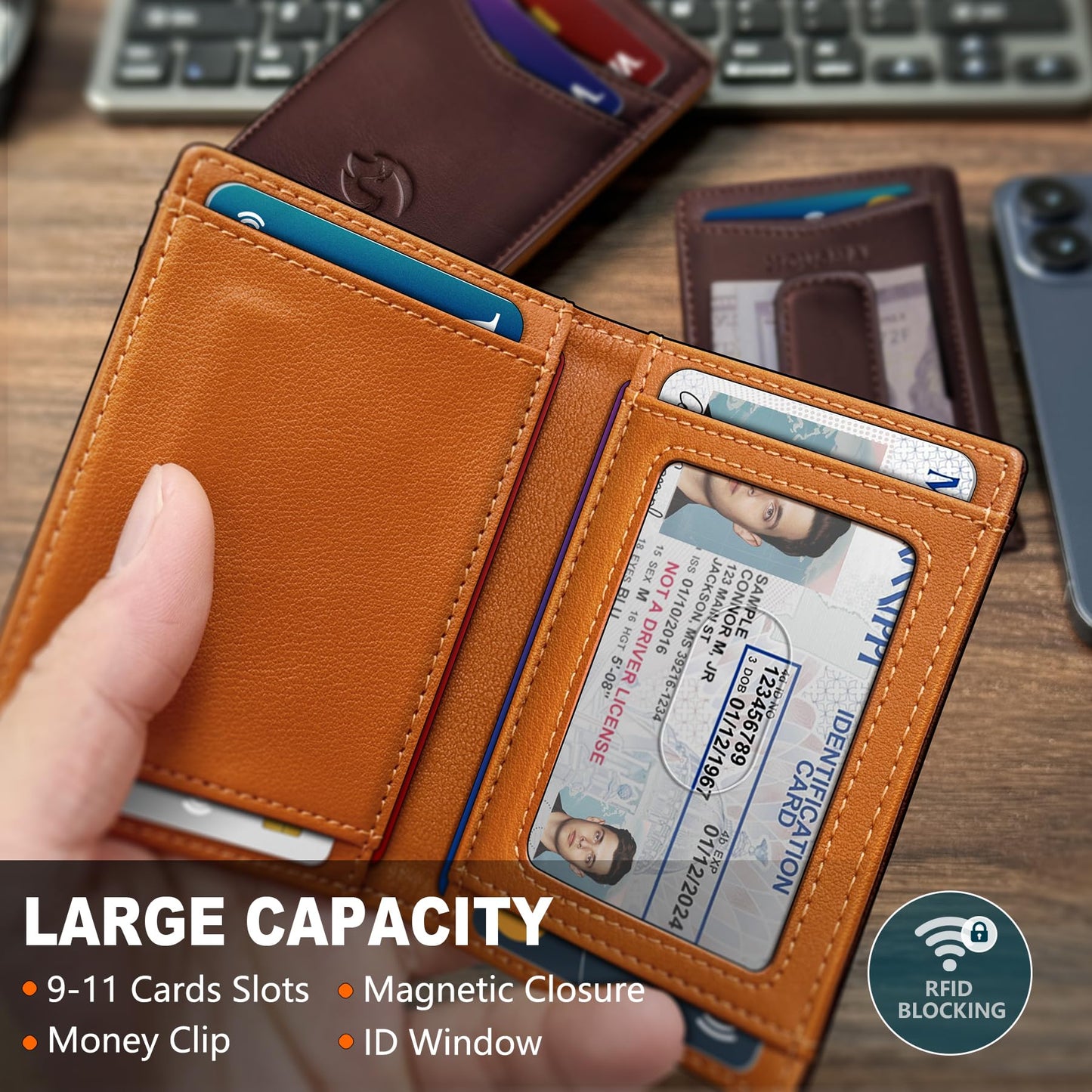 Housmai Magnetic Closure Slim Wallet for Men with Money Clip Gift Boxed,Genuine Leather Front Pocket Wallet, 3.9"x 2.7", RFID Blocking