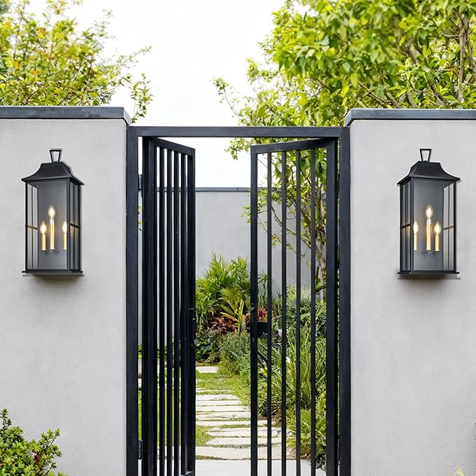 Outdoor Wall Lantern 3-Light, 25 "Large Outside Wall Sconce, Modern Black Wall Light Fixture with Glass, Waterproof Exterior Lamp for House, Porch, Garage,Bulbs Not Included