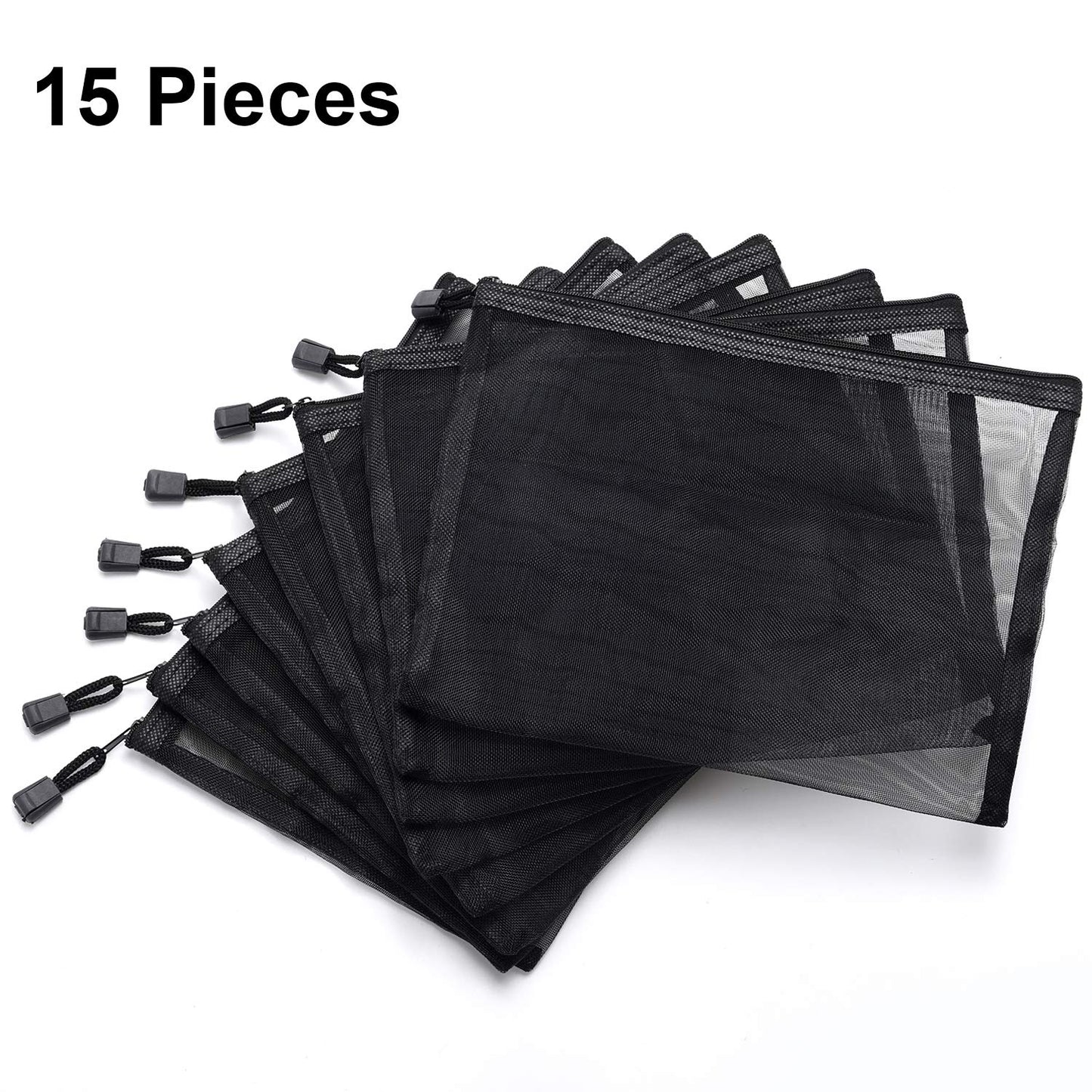 Outus 15 Pieces Mesh Bags Pouch Mesh Zipper Pouch Makeup Bags Cosmetic Travel Organizer Zipper Pencil Case for Organizing Office travel Storage(9.5 x 7.1 Inches,Black)