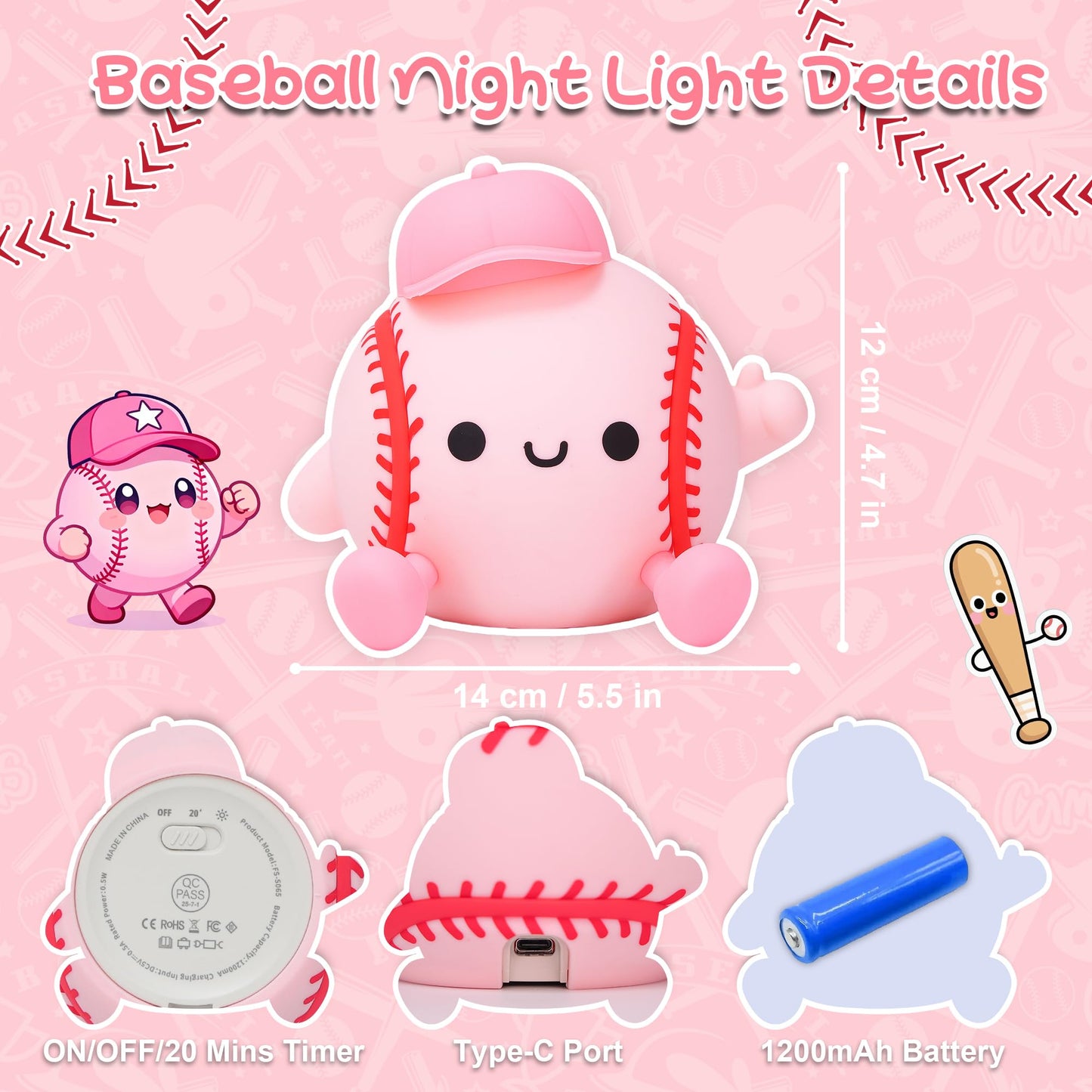 Softball Night Light, Gift for Girls Softball Players, Silicone Rechargeable Nursery Dimmable Baseball Lamp, Soft Touch Sports Themed Nightlight, Cute Room Decor Birthday Gift for Kid Teen Athlete