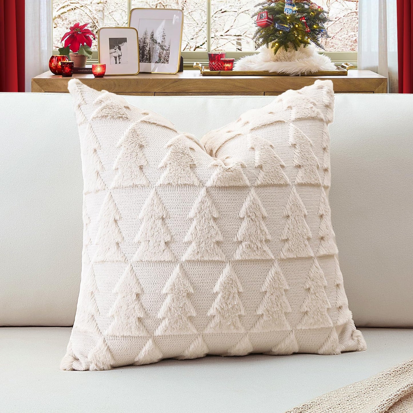OTOSTAR Set of 1 Xmas Soft Plush Short Wool Velvet Decorative Throw Pillow Covers Square Luxury Style Cushion Case Pillow Shell for Sofa Bedroom Christmas Tree Cream Beige, 22x22 Inch