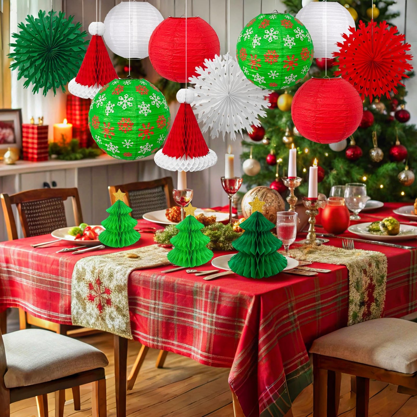 14PCS Christmas Honeycomb Hanging Paper Lantern Decorations Set, Pine Tree Star Christmas Hat Red Green White Snowflake Lanterns Paper Fans for Christmas Party Home Decoration Supplies