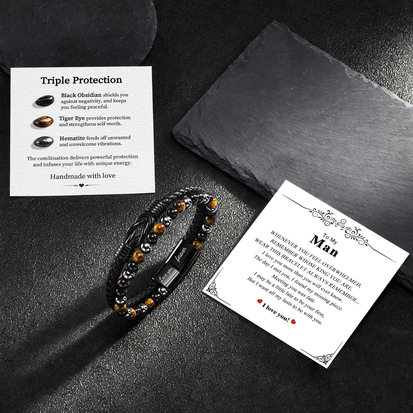 Crystal Infinity Cuff Bracelet Gifts for Men Him-Triple Protection Hematite Black Obsidian Tiger Eye Gemstone Beaded Leather Cuff Bracelets Lettering Love You Forever Healing Gifts for Husband Father's Day