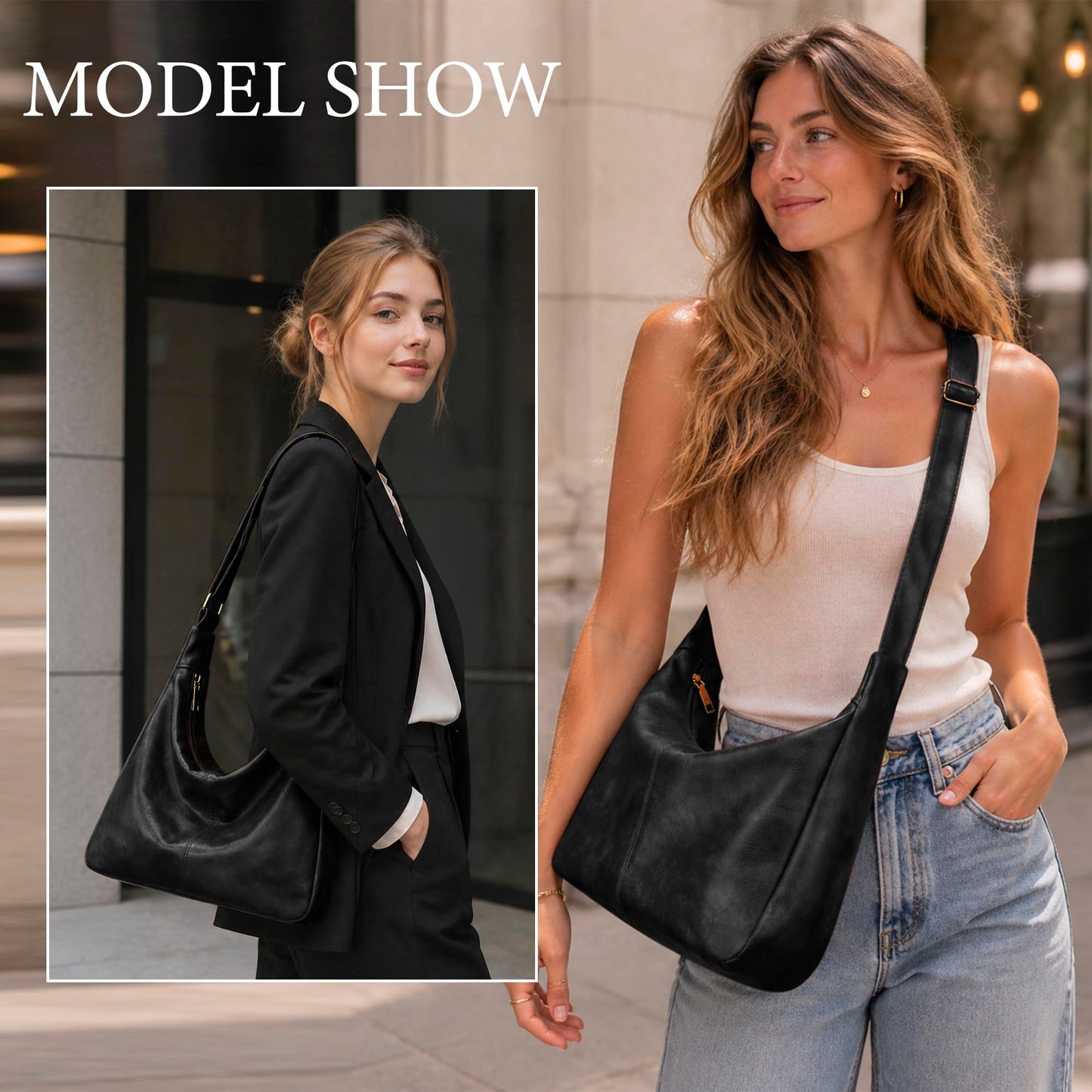 KKXIU Slouchy Hobo Bags for Women - Ultra Soft Foldable Shoulder Handbag Vegan Leather Tote Purse with Reinforced Zipper (Black)