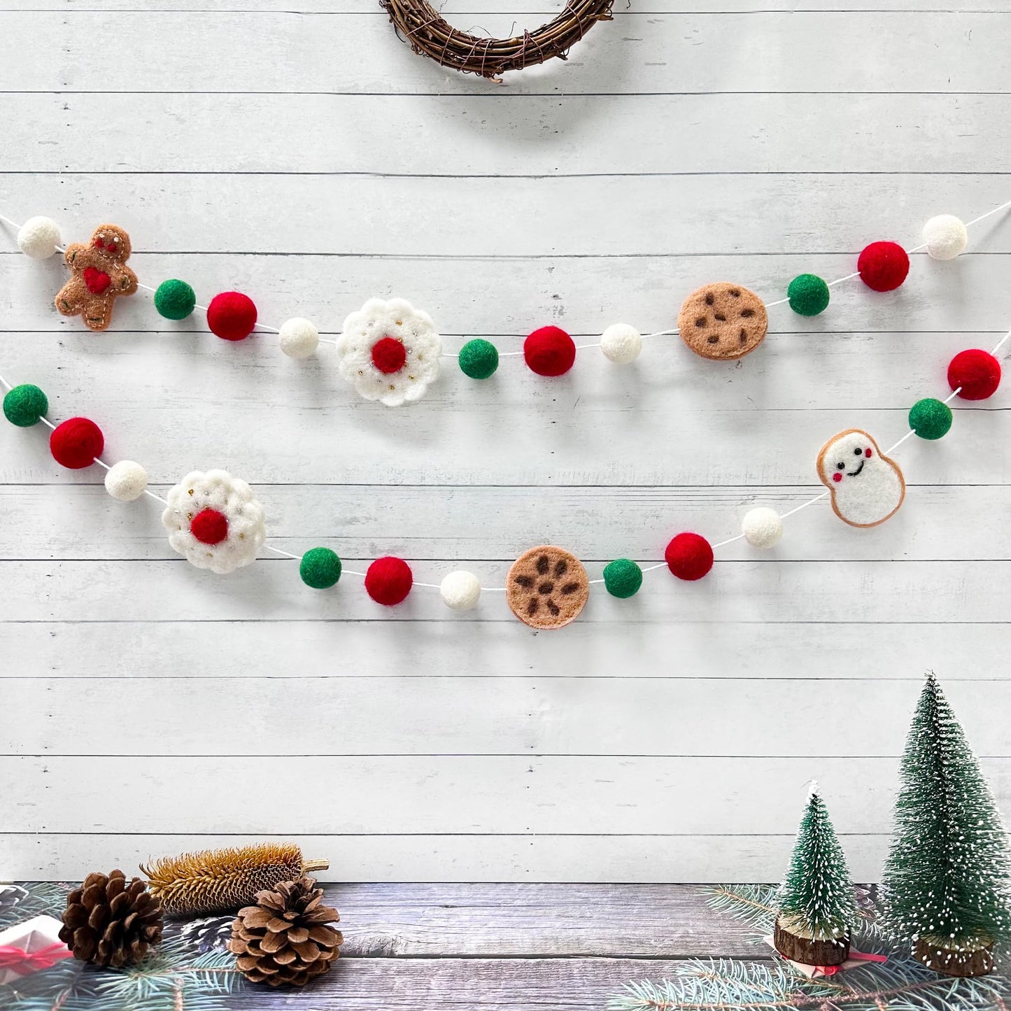 Wool Felt Christmas Decorations Clearance Garland Red Green White Wool Felt Balls Pom Pom Garland Gingerbread Man Snowman Banner Bunting for Xmas Home Fireplace Windows Indoor Outdoor Christmas Decor