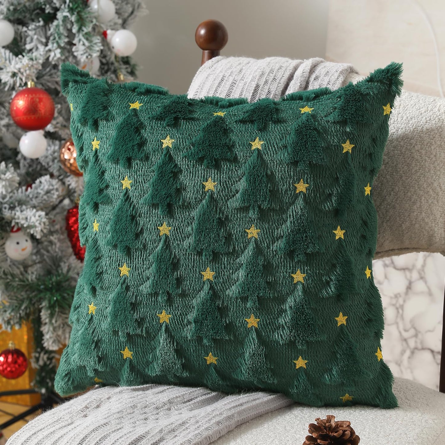 Allorry Christmas Pillow Covers 18 x 18 inch Set of 2 Dark Green Christmas Tree Pillow Covers Decorations Plush Faux Fur Soft Cushion Case for Winter Xmas Holiday Home Bedroom Sofa Decors PT004-A18