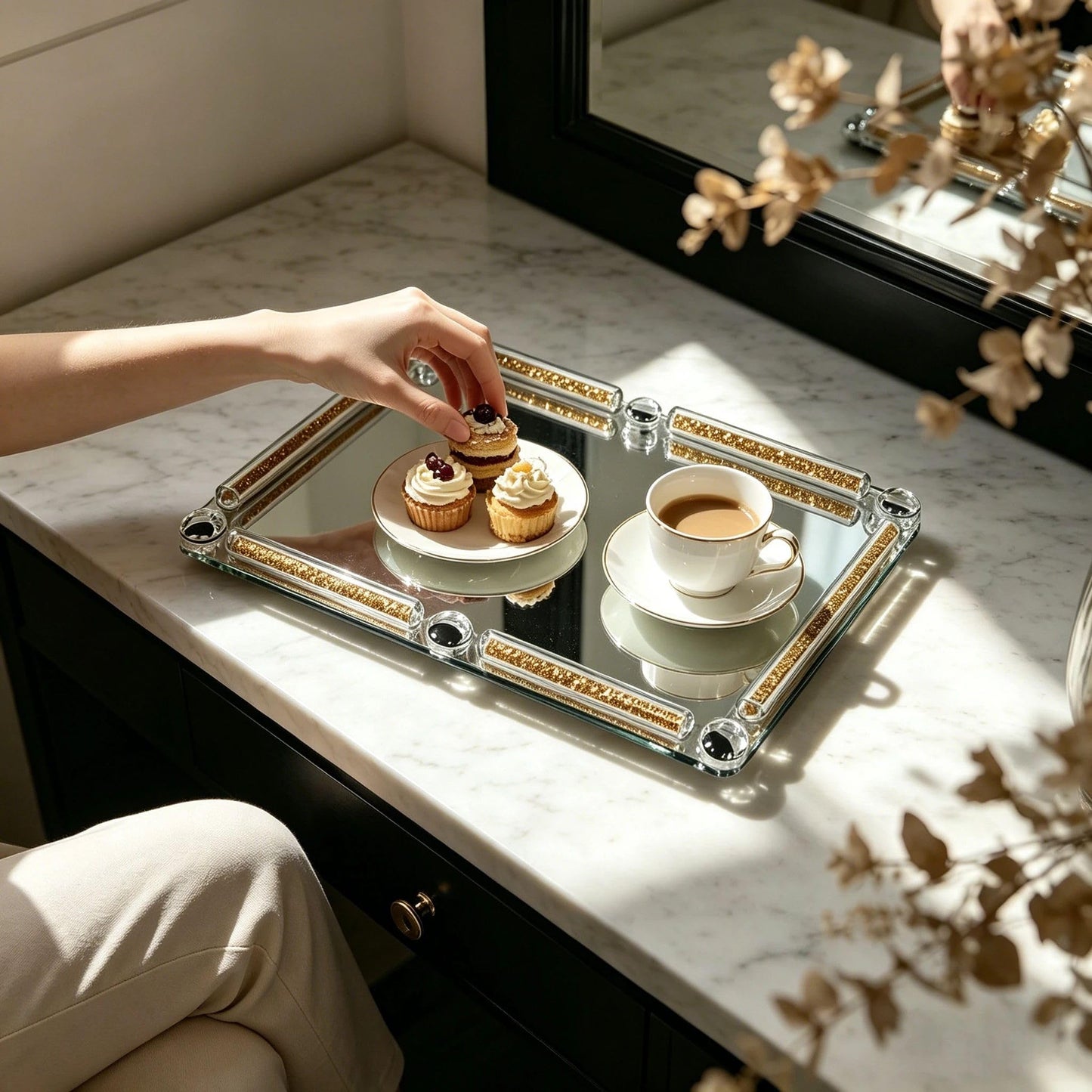 Gold Glass Tray, 11.8" x 7.9" Decorative Crystal Glass Cosmetic Perfume Display Tray for Gorgeous Dresser Countertop,Noble Jewelry Organizer with Diamond for Home Decor,Banquet Party