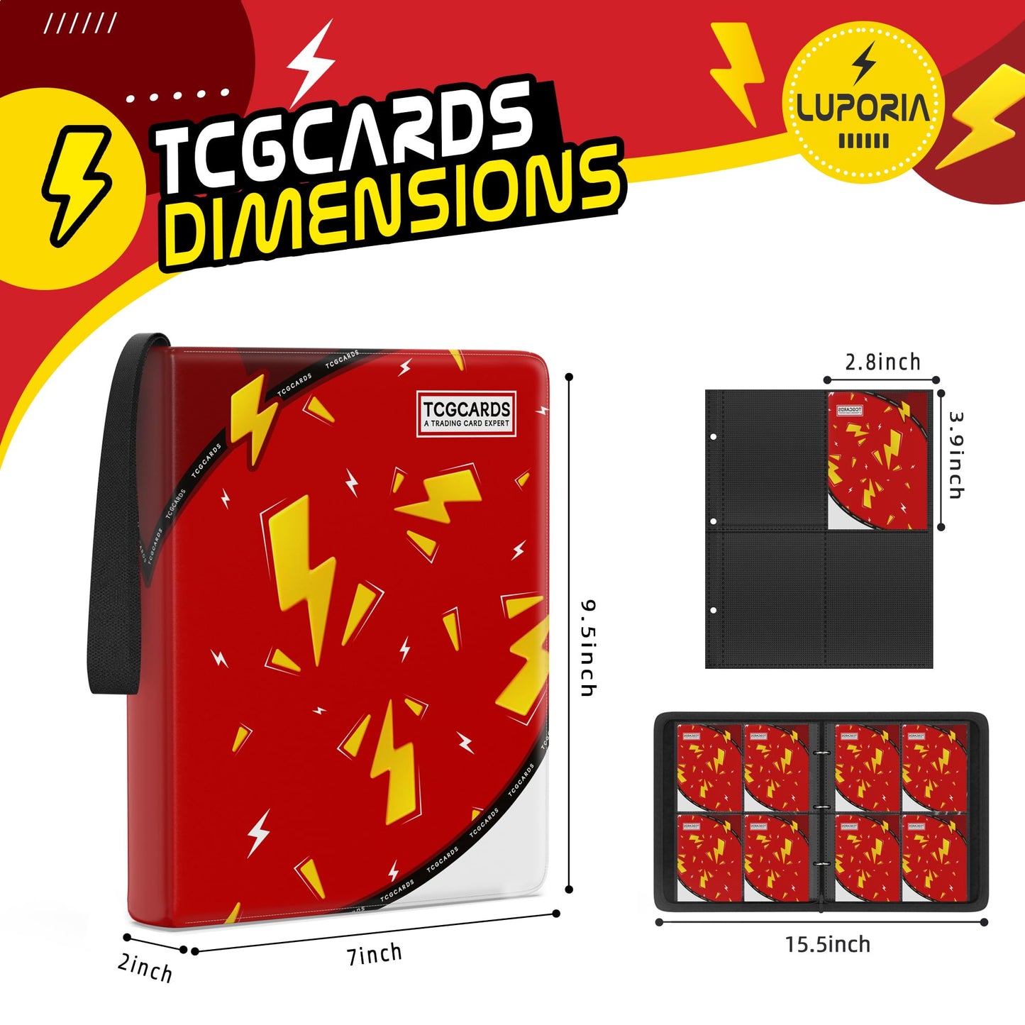 Trading Card Binder 4 Pocket,400 Pocket Card Collection Binder with 50 Removable Sleeves,PU Waterproof Top Card Book,3-Ring Zipper Collectible Trading Card Album for MTG/TCG/Card Holder Gift（Red）