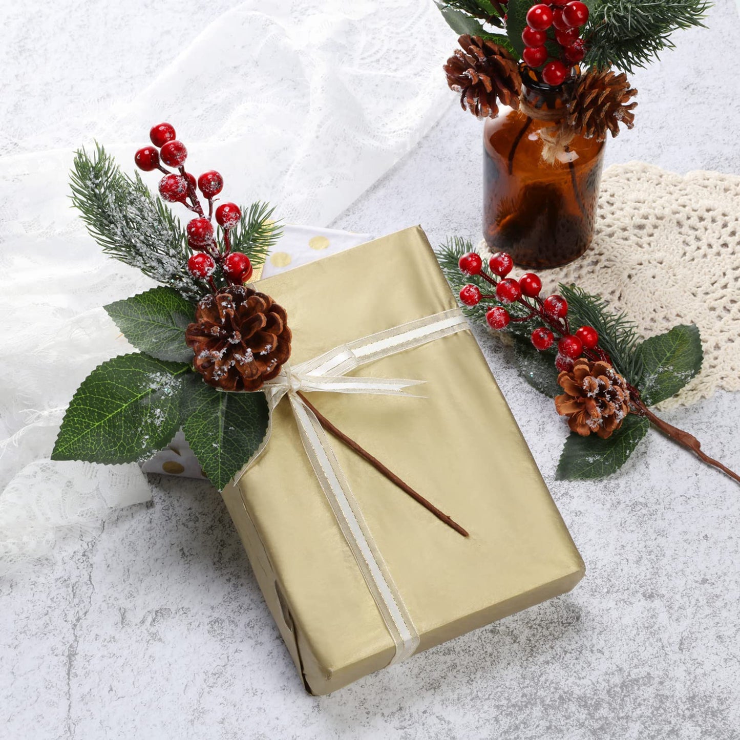 Boao 12 Pcs 11'' Large Christmas Pine Picks Tree Decoration Red Berry Picks and Sprays with Cone Artificial Fake Branches Snowy Floral Flower Holly Pine for Tree Crafts Decor Faux Stem