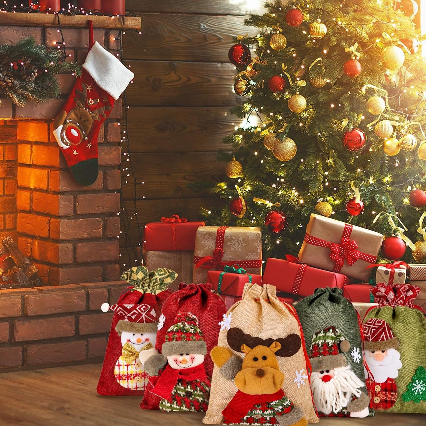 Whaline Drawstring Christmas Doll Bags 3D Xmas Gift Bags Snowman Red Treat Pouch Bag Sack Stockings Party Favor Bag 8 x 11in, 8 x 12in (5 Pack)