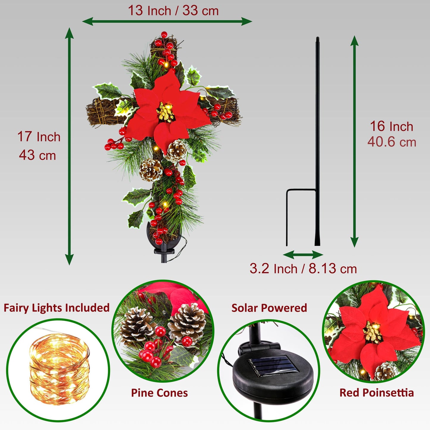 YULETIME 36" Christmas Cross Stake, Solar Powered with 15 Fairy Lights, Metal Cross, Natural Rattan, Red Poinsettia & Berries, Pine Cones, Pine Needles (Red)