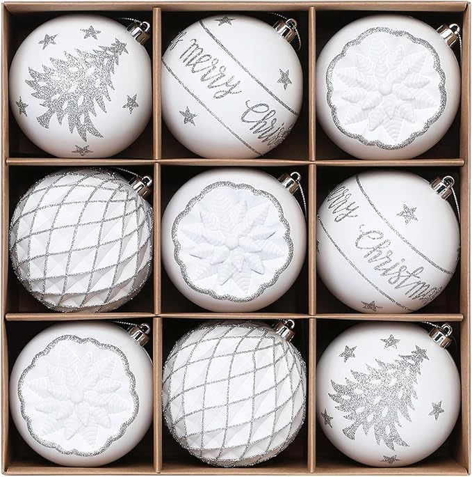 SHareconn 100MM/4 Inch 9PCS Large Christmas Balls Ornaments, Shatterproof Plastic Hanging Big Baubles Set for Xmas Tree Decoration Holiday Party Wedding Decorations with Hook, White and Silver