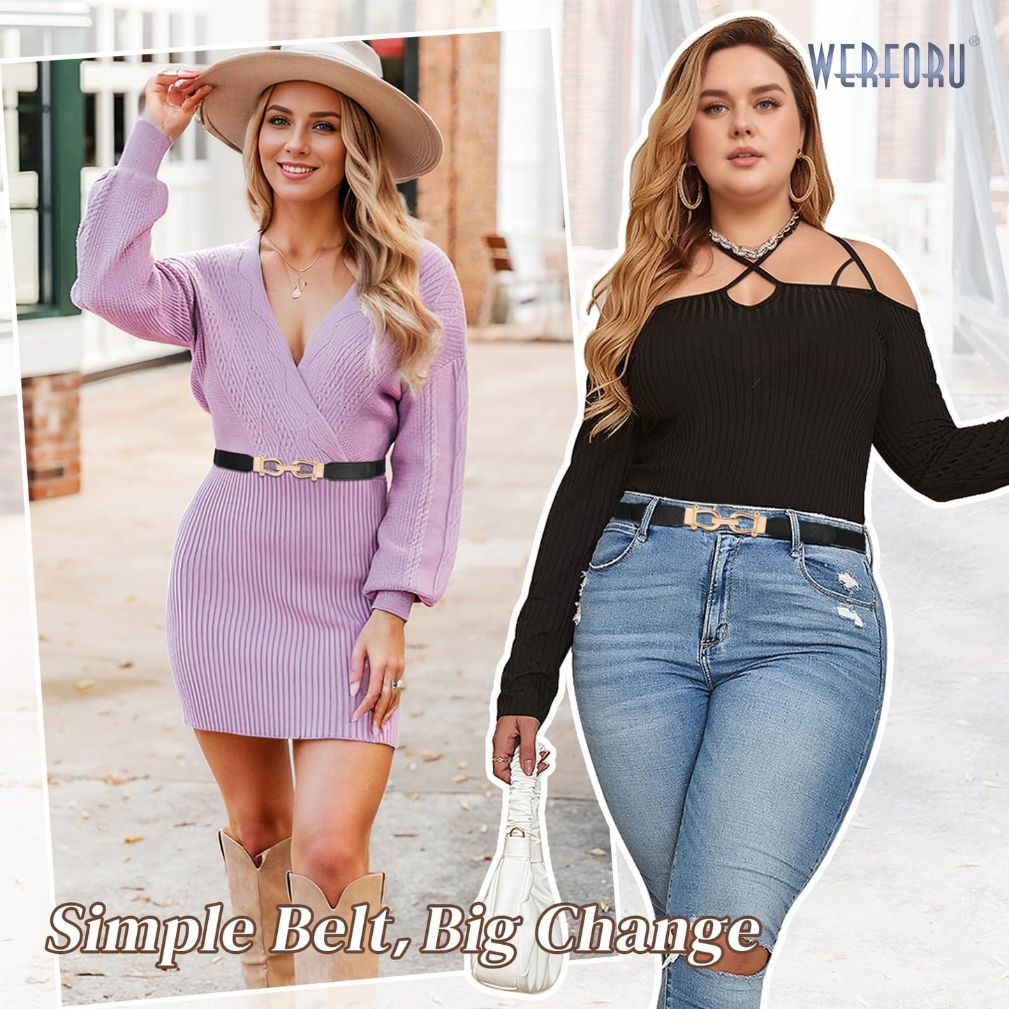 WERFORU 4 Pack Women Skinny Elastic Waist Belt Gold Buckle Stretchy Thin Belt for Jeans Dress