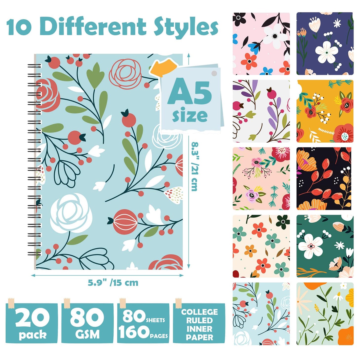 Kosiz 20 Pcs Cute Floral Spiral Notebooks A5 Lined Aesthetic Journal for Women 8.3 x 5.9 in Flower 8mm College Ruled Twin-wire Binding Hardcover Notebook Christmas Gifts Office Supplies 160 Pages