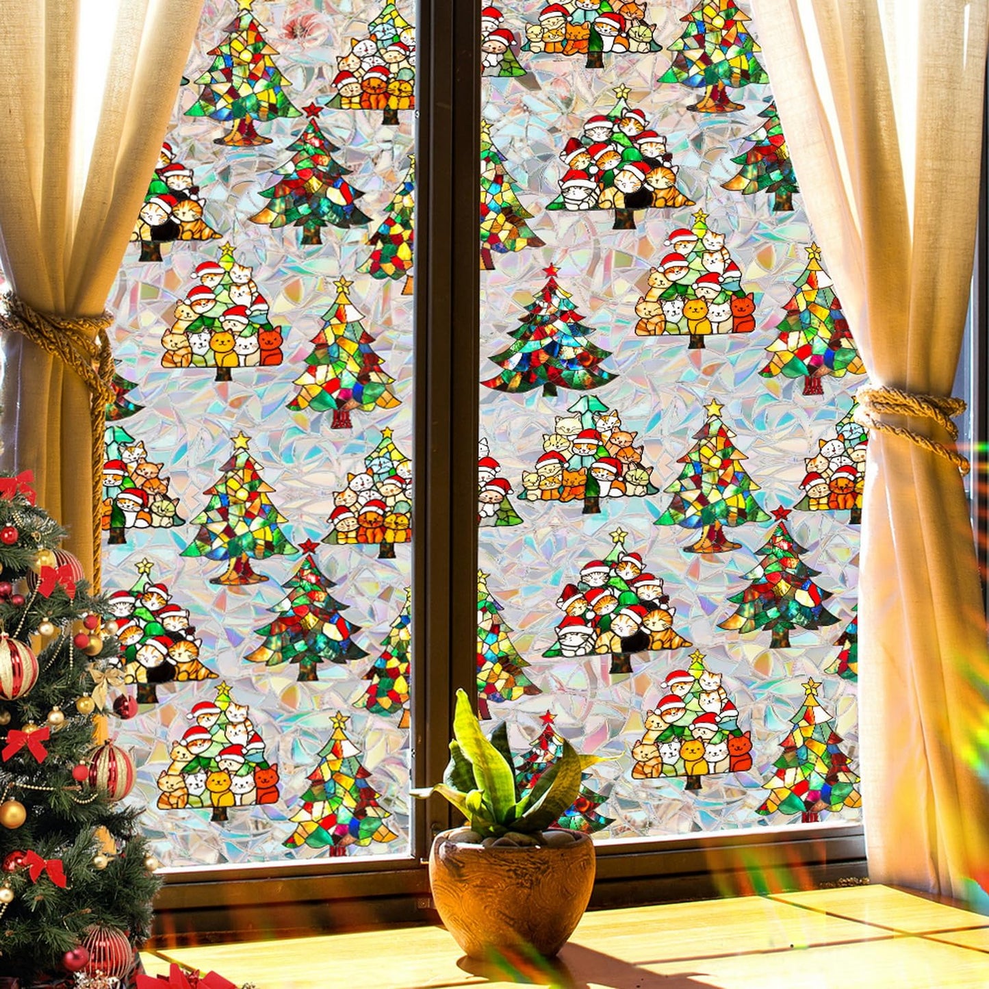 Christmas Window Privacy Film Cartoon Cute Animal Window Clings Decoration Privacy Stained Christmas Tree Glass Stickers for Winter and Christmas Party Glass Decor Supplies 17x 39.3 Inch