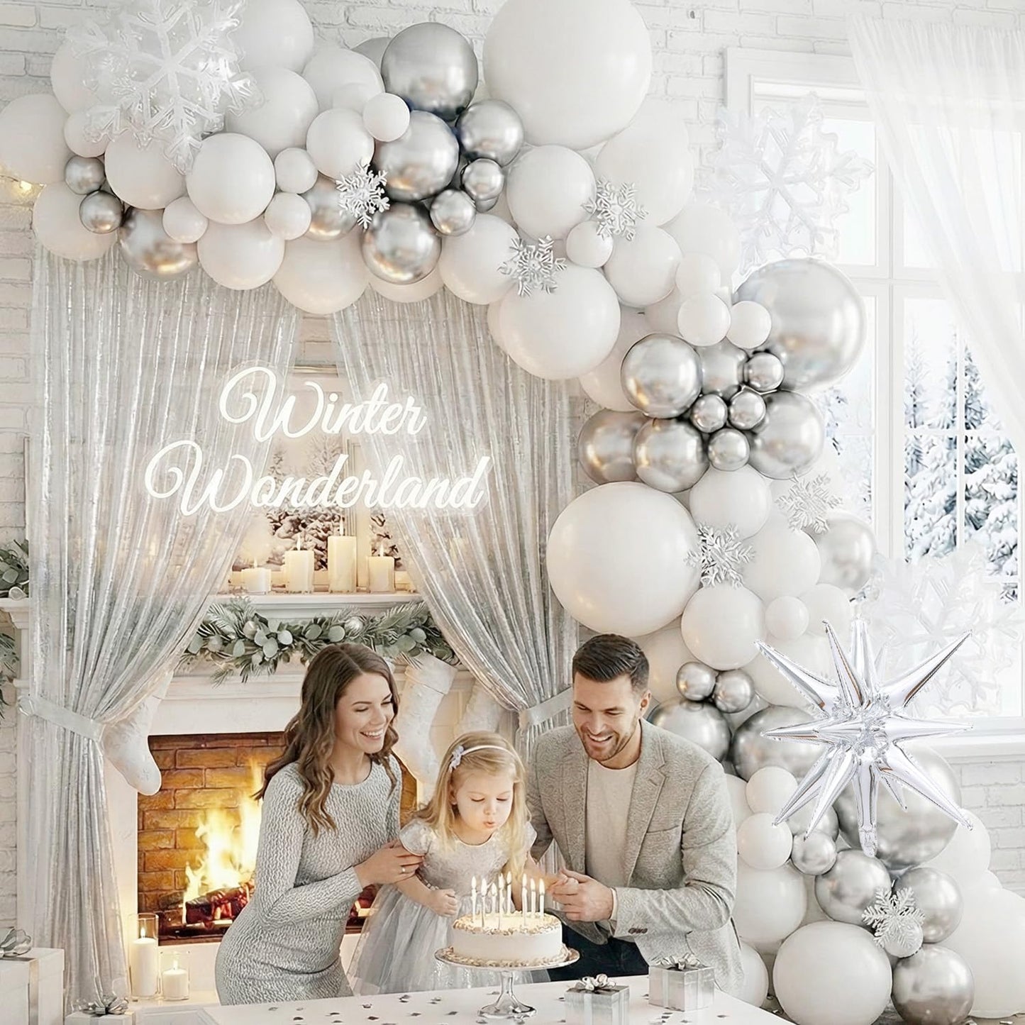 Metallic Silver and White Balloon Arch 128Pcs Winter Wonderland Snowflake Balloon Arch Perfect for Christmas Decor Snowman Birthday Parties, 2026 New Year Eve Party, Snowflake Party Decorations